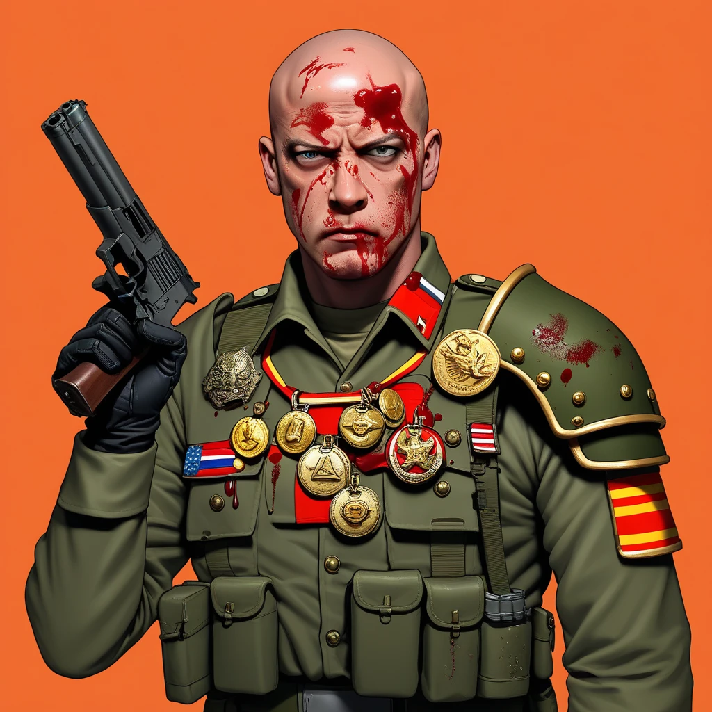 orange background, shoulder armor, handgun, military uniform, male focus, weapon, gloves, simmons. medal, blood on face