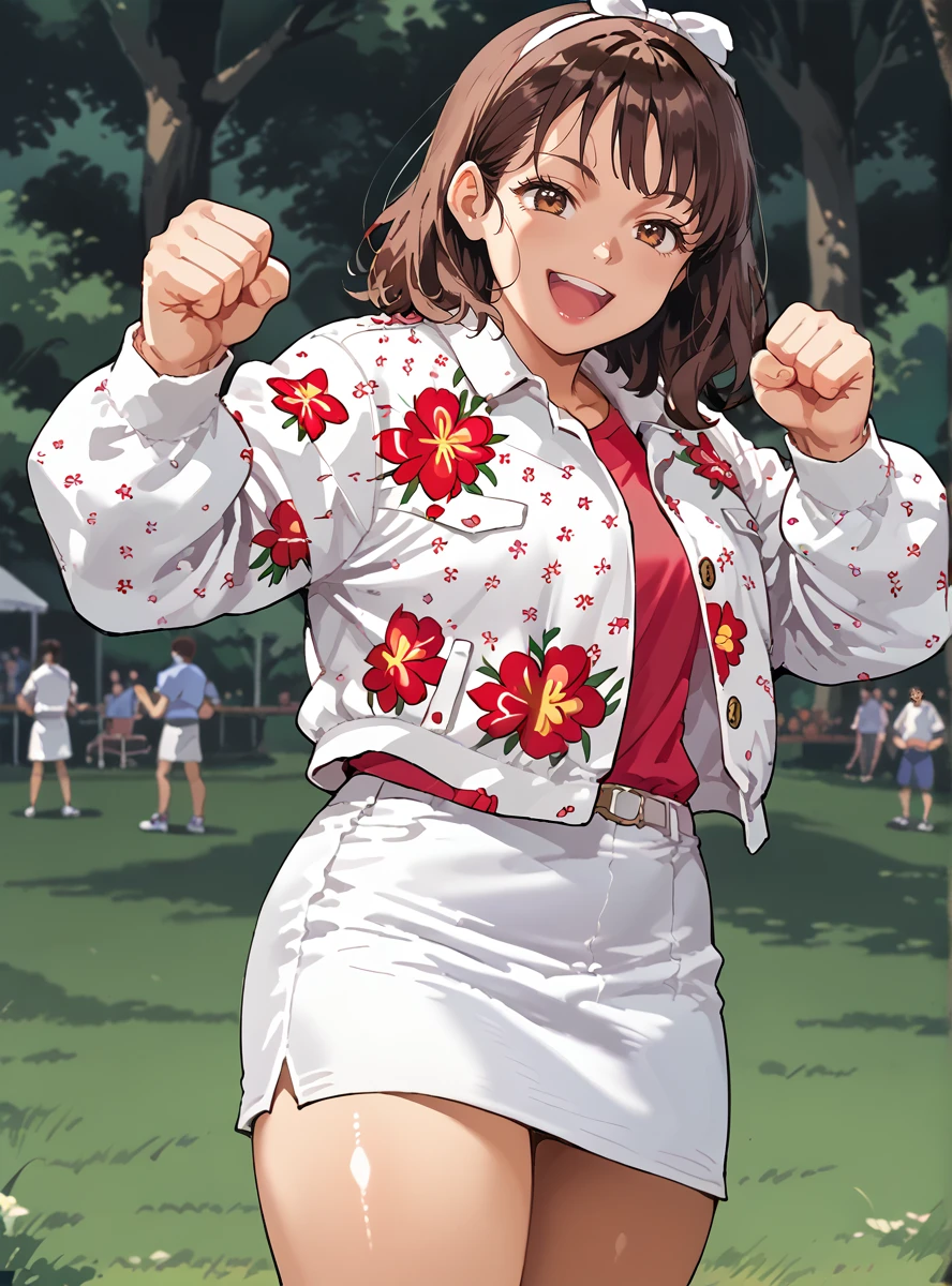 score_9, score_8_up, score_7_up, score_6_up,source_anime anime screencap,, uncensored,  shiny skin, anime coloring,    <lora:KazumiHoshikawa:1>kazumihoshikawa, solo, shirt, smile, jacket floral print,  thick thighs,  shiny skin, white_Skirt, medium hair, brown hair, brown_eyes smile  outdoors clenched hands,  fighting stance,  open mouth, from side