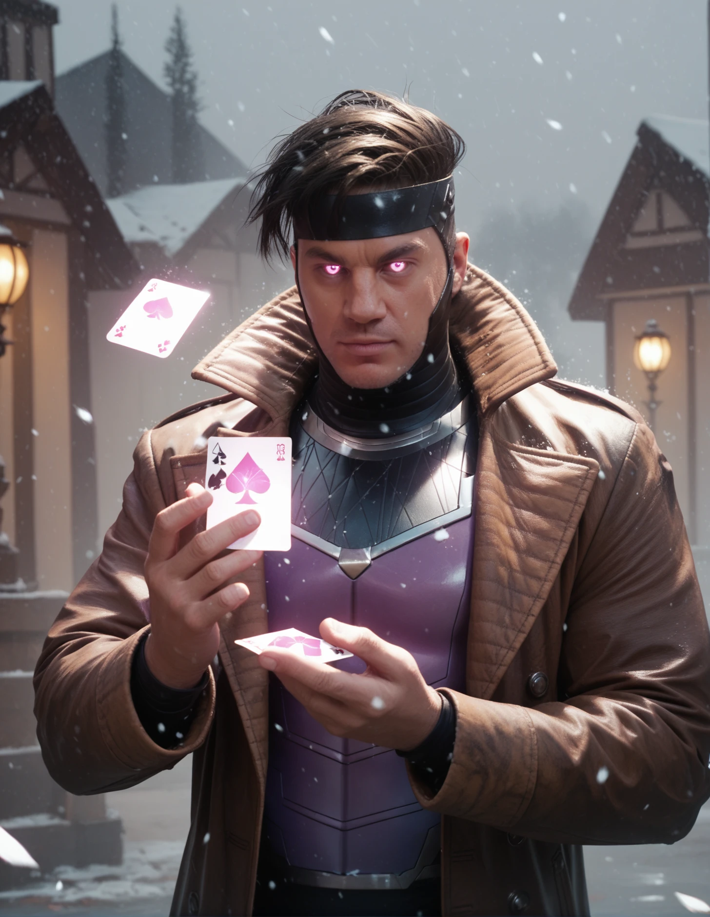 <lora:Gambit:0.8> gambit, portrait, male, black sclera, pink glowing eyes, coat, snowing, solo, floating playing cards, black hair, headwear, holding card, score_9, score_8_up, score_7_up, score_6_up, (ultra sharp focus)