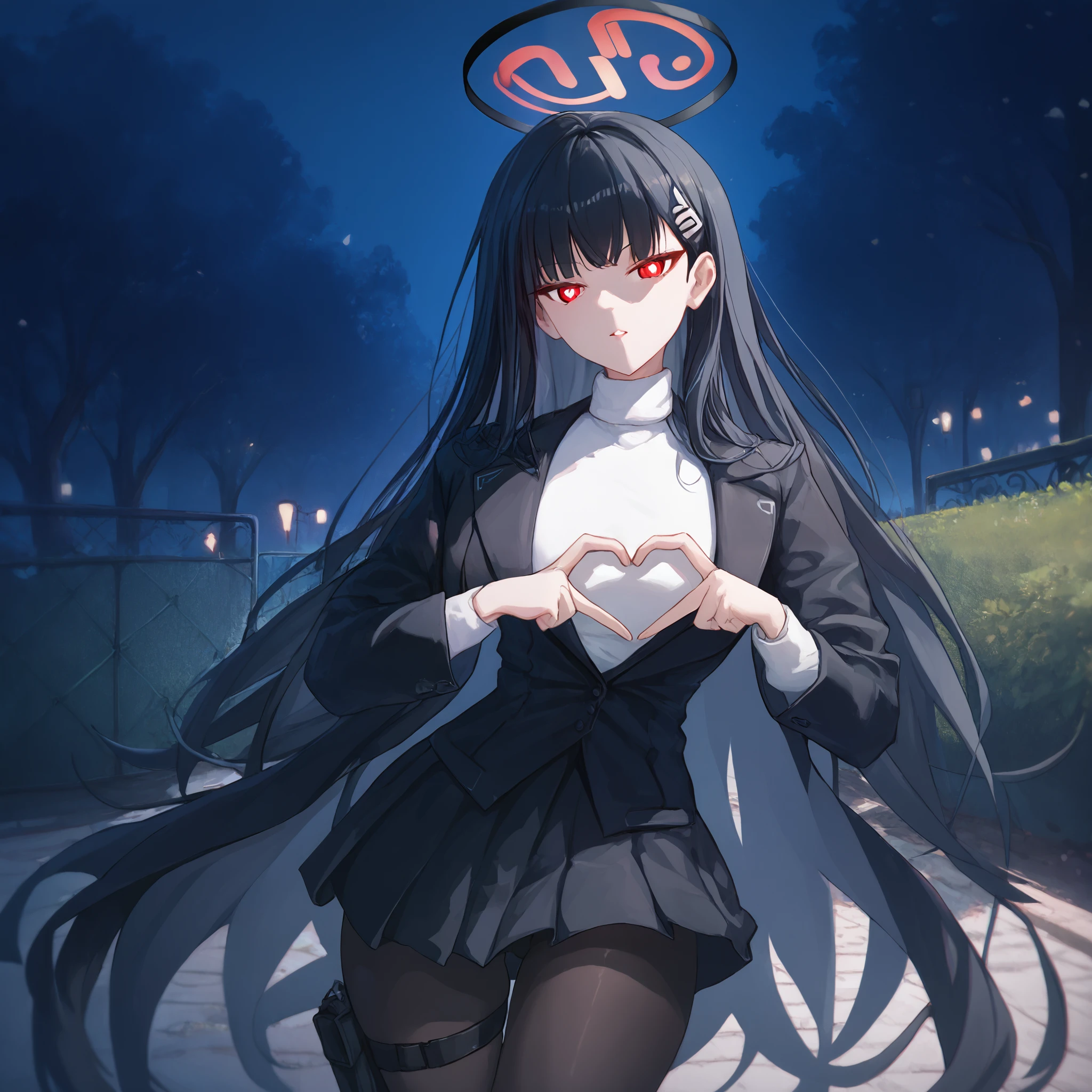 score_9, score_8_up, score_7_up, score_6_up, BREAK source_anime, look at viewer, 1girl, solo, park, night, heart hands, masterpiece, best quality, high detailed skin,  rio_(blue_archive), black hair, long hair, hairpin, red eyes, white pupils, halo, black jacket, white sweater, miniskirt, black skirt, black pantyhose, thigh strap,