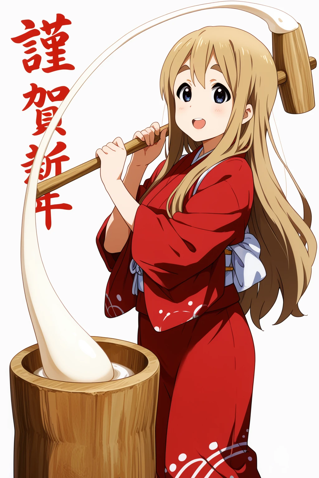 masterpiece, best quality, absurdres, safe
1girl, kotobuki tsumugi, mochitsuki, mochi trail, mochi, holding kine, mallet, mortar \(bowl\)
simple background, happy new year 2025
<lora:mochitsuki_il_d16:1> <lora:happy_new_year_24re_noob_vpred_2:1>