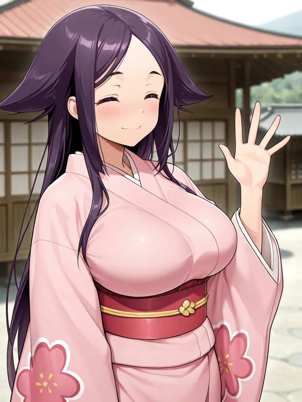 1girl, solo, Oharu, purple hair, long hair, purple eyes, large breasts, pink kimono, sash, wide sleeves,

standing, japanese village, standing, waving, closed eyes,

masterpiece, best quality,amazing quality, very aesthetic, absurdres, depth of field, blurry background, extremely detailed face, detailed eyes