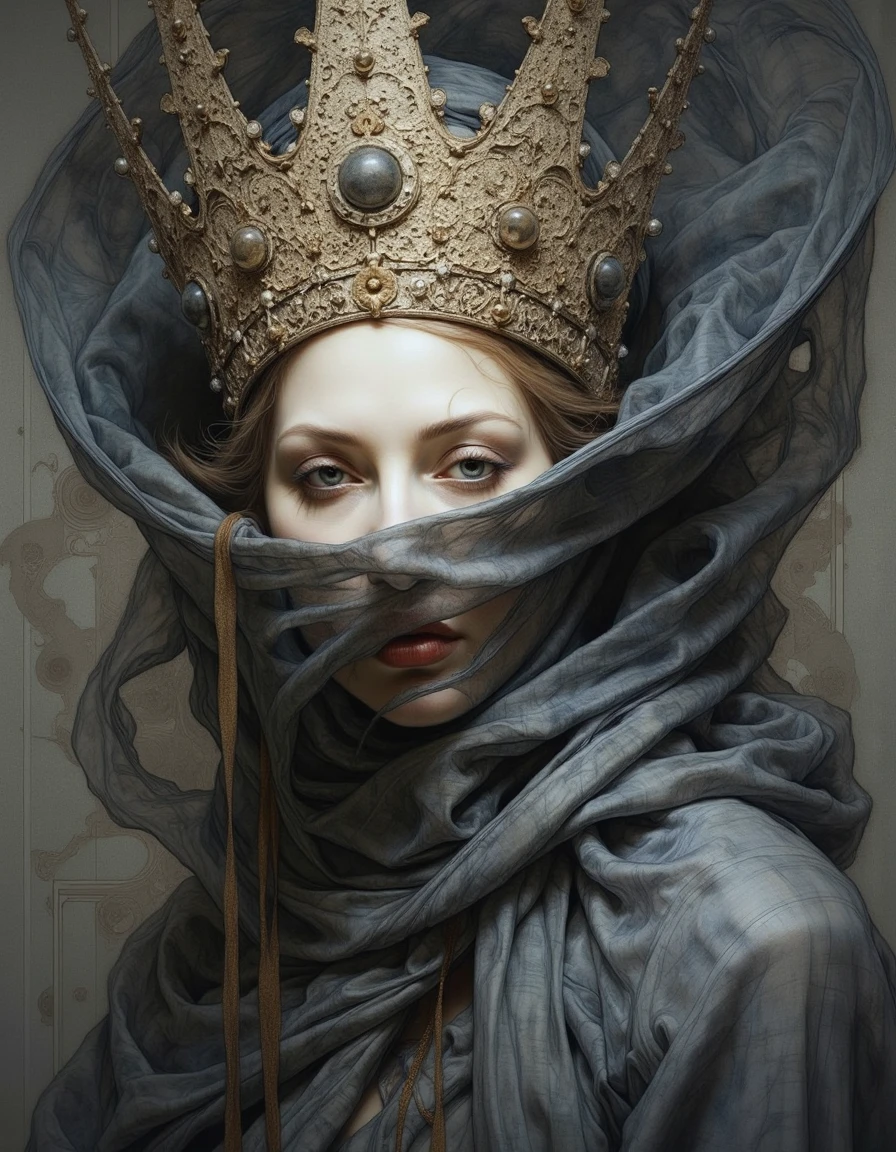 Portrait by Dorota Pietrowiak. This is a highly detailed, realistic drawing of a dark atmosphere, dark gray filter close up view.
Dark Queen, gorgeous lips, dark red lipstick, in a dark robe with her face completely hidden under a heavy fabric. the eyes and the floor of the face are covered with a cloth.
On the head rises a luxurious crown with exquisite details. Gothic crown of the night queen.(The crown is tightly worn on the head) The atmosphere is dark and mystical, accentuated by dramatic lighting and deep shadows. <lora:Dorota_Pietrowiak:1>