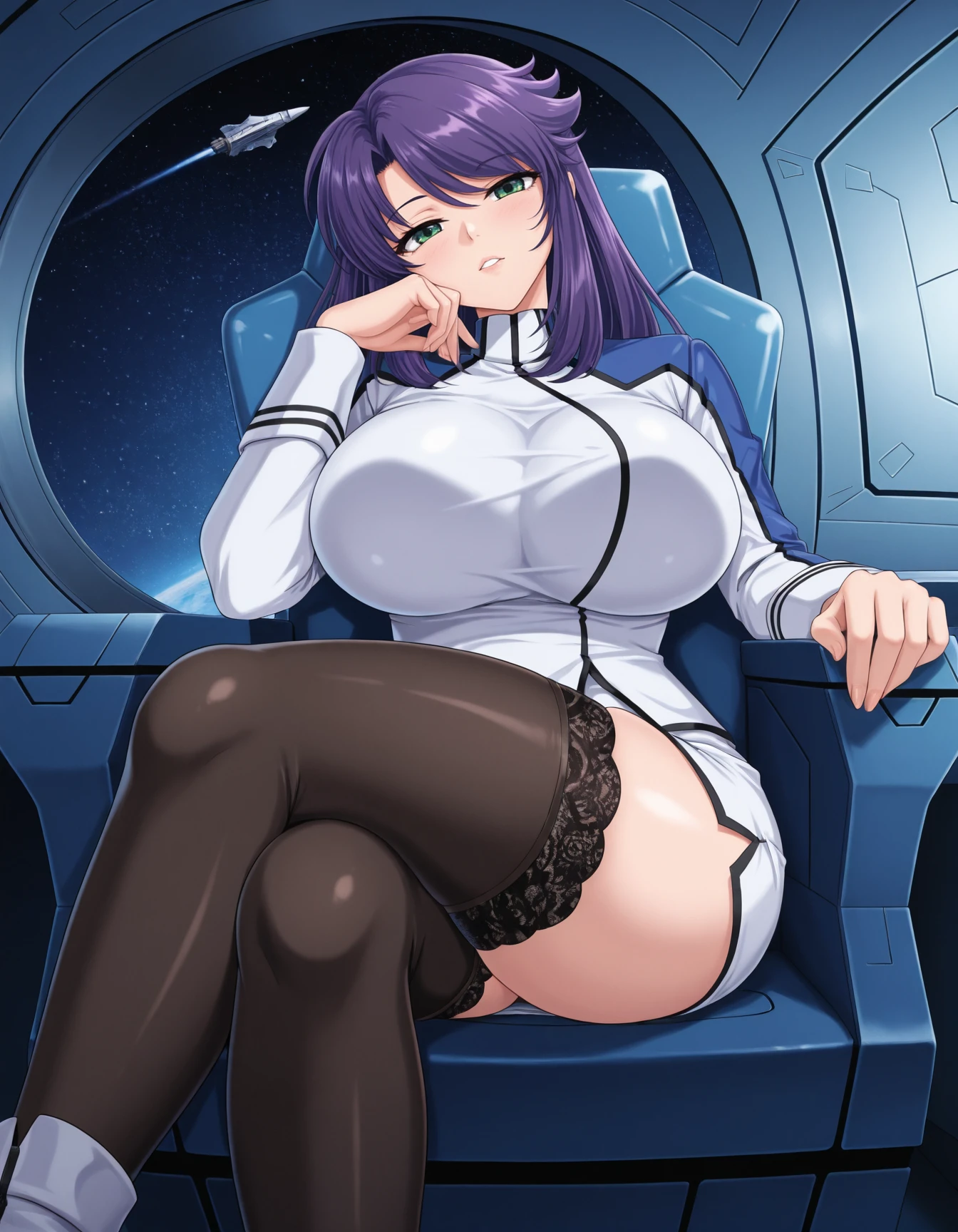 amazing quality,very aesthetic,absurdres,best quality,newest,masterpiece,4k resolution,detailed background,spacecraft,indoors,<lora:Kusunoki_Rin_Style:0.9>,lieri bishop is sitting,boss's chair,crossed legs,hand on own chin,head rest,1girl,solo,looking at viewer,head tilt,parted lips,purple hair,long hair,green eyes,bangs military uniform,white miniskirt,black thighhighs,lace trim,curvy,huge breasts,thick thighs,indoors,spacecraft,window,space,metal room,