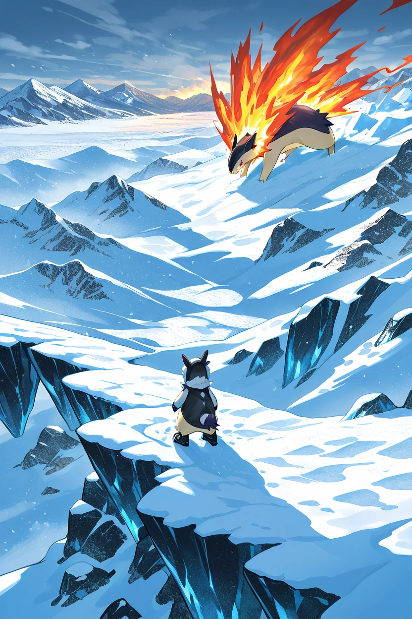 masterpiece, best quality,   no humans, pokemon (creature), fire,  <lora:TyphlosionPokedexIXL:1.0>,   Arctic Expedition, zzTyphlosion in heavy winter gear, snow goggles, fur-lined hood, snow boots, frozen landscape, ice cave, snowstorm, mountain peak, icy wind