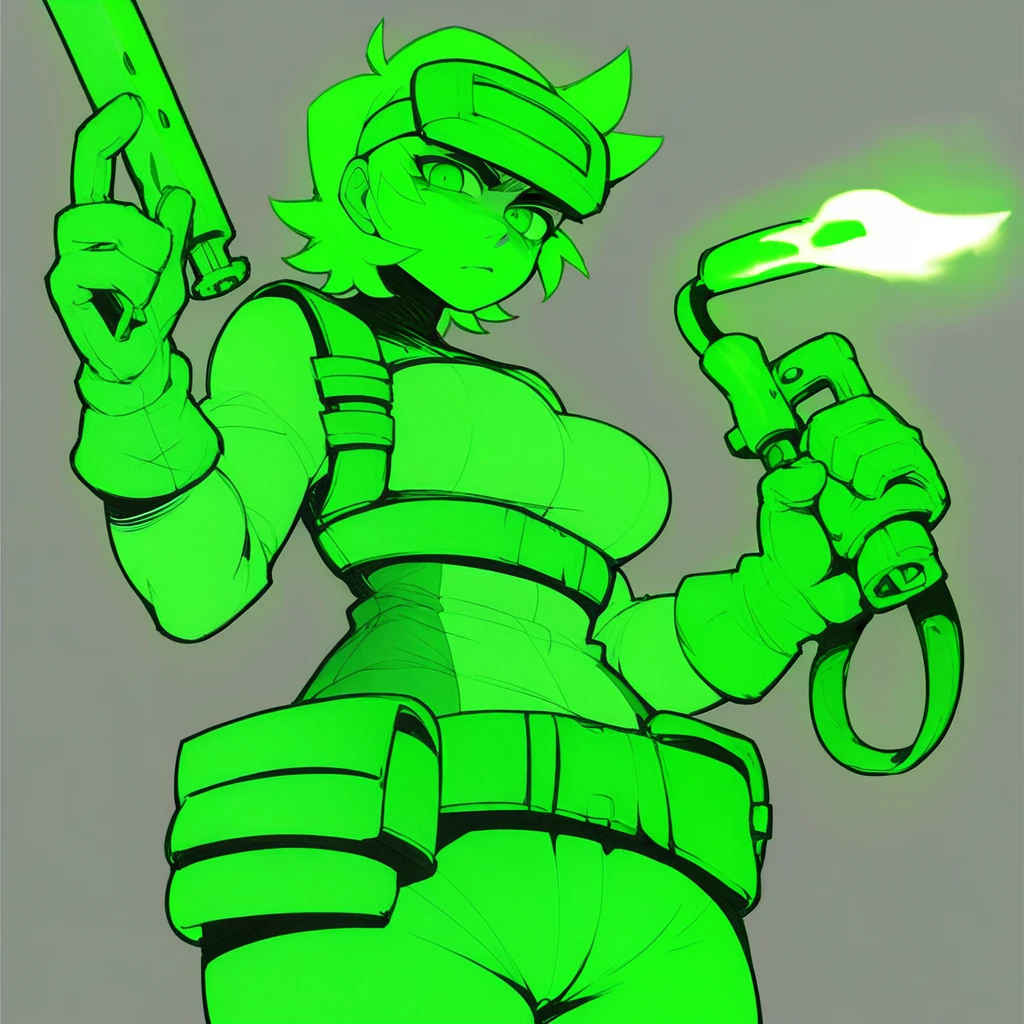 score_9, score_8_up, score_7_up, NikitaAwaria, tall, ghost girl, solo, short hair, breasts, weapon, gloves, green theme, monochrome, holding, looking at viewer, belt, short hair, welding mask