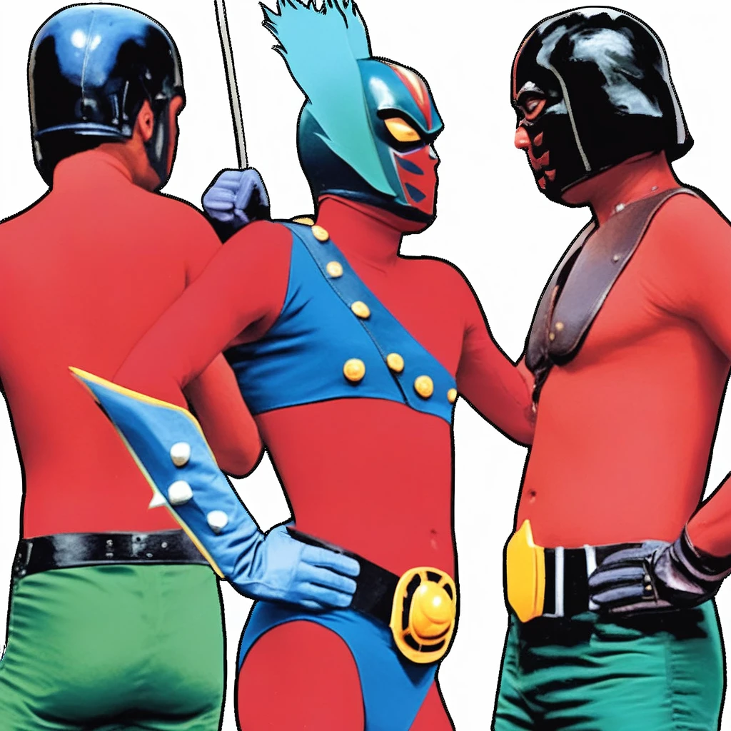 1960s,gay, 2men, bara, photo realistic, Batman, wearing only a mask and white briefs, and his hairy body, kisses the slim, muscular tall old man Alfred with his tongue and hugs him tightly, in the shower room.35mm film,boke