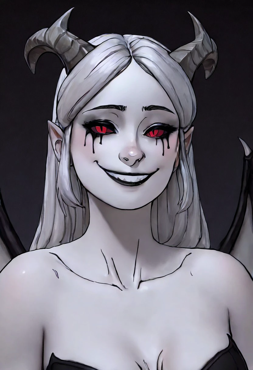 WolfAmongUSStyle-IL.V1.0, best quality, masterpiece, 1girl, white skin, white colored skin, pale skin, albino, albino skin, horns, demon horns, demon girl, succubus, wings, bat wings, demon wings, goth, goth girl, goth makeup, runny makeup, smile, grin, closed mouth,