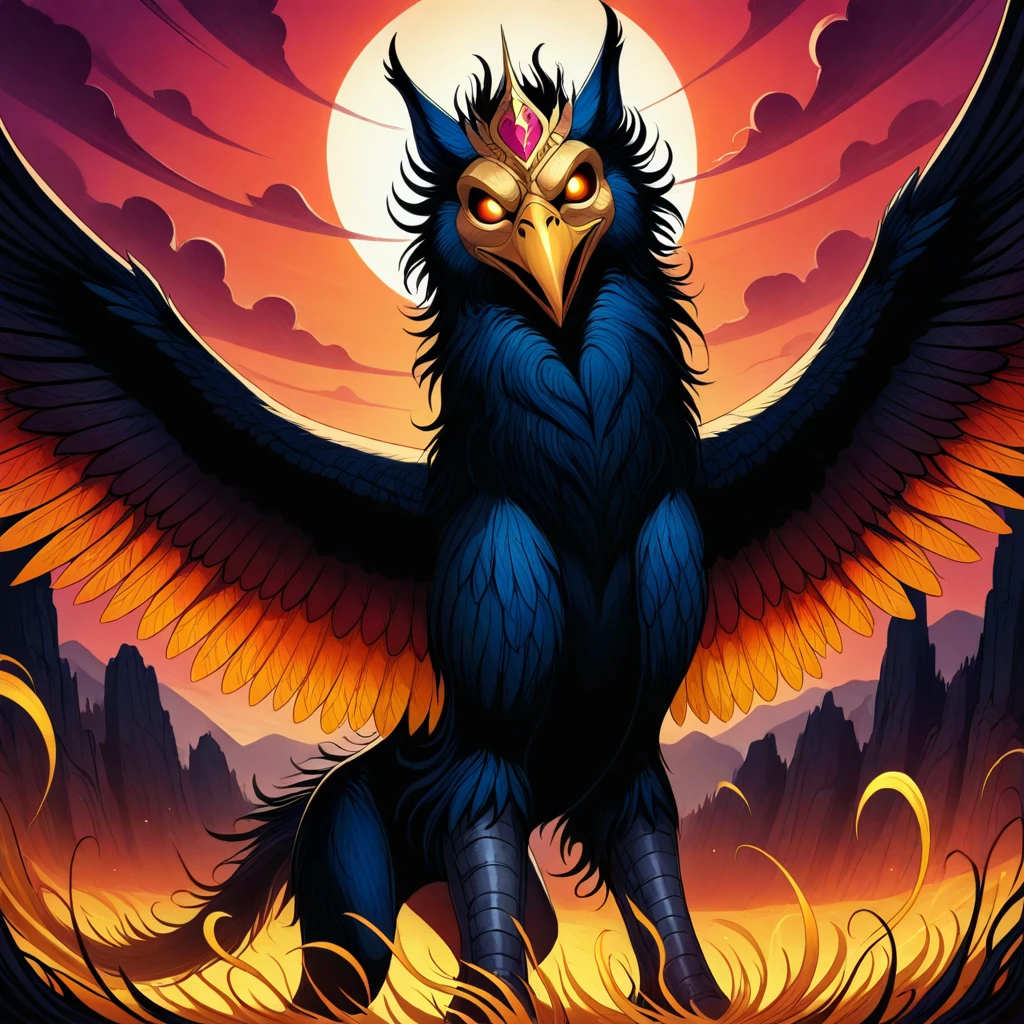 Horror-themed  <lora:hippogriffs, griffs - illustrious:1> hippogriffs, dark fantasy, dark art painting, majestic hippogriff, eagle-like head with golden feathers, powerful horse body with glossy black fur, perched on a jagged mountain ridge, soft pink and orange hues of dawn, clouds drifting below, backlighting creating a radiant silhouette, wide-angle shot, serene fantasy atmosphere . Eerie, unsettling, dark, spooky, suspenseful, grim, highly detailed