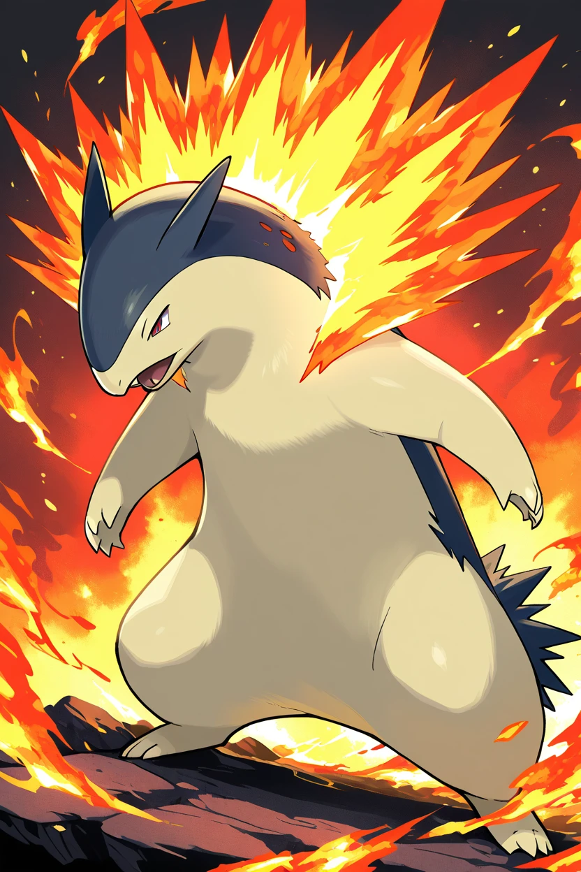 masterpiece, best quality,  zzTyphlosion, no humans, pokemon (creature), fire,  <lora:TyphlosionPokedexIXL:1.0>,