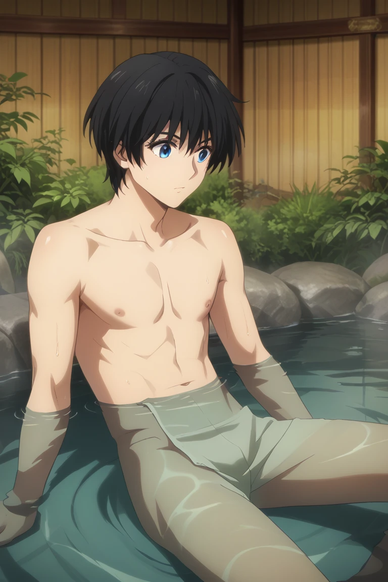 score_9, score_8_up, score_7_up, score_6_up, score_5_up,score_4_up, 
masterpiece, best quality, amazing quality, very aesthetic, absurdres, newest, official art, 
sojirou seta, black hair, blue eyes,1boy, male focus,,partially submerged, naked towel, onsen