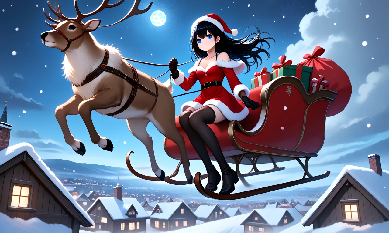 score_9, source_anime, riding sleigh flying in the sky, reindeer sled filled with gift sack, full body, 1girl, blue eyes, floating hair, fur trim, red dress, santa hat, santa costume, cleavage, breasts, thighhighs, gloves, reins, wind, night, snowing, horizon, christmas, night sky, chimney rooftop, nordic architecture, (((from below))), <lora:girllikereindeersleigh_pony:0.8>