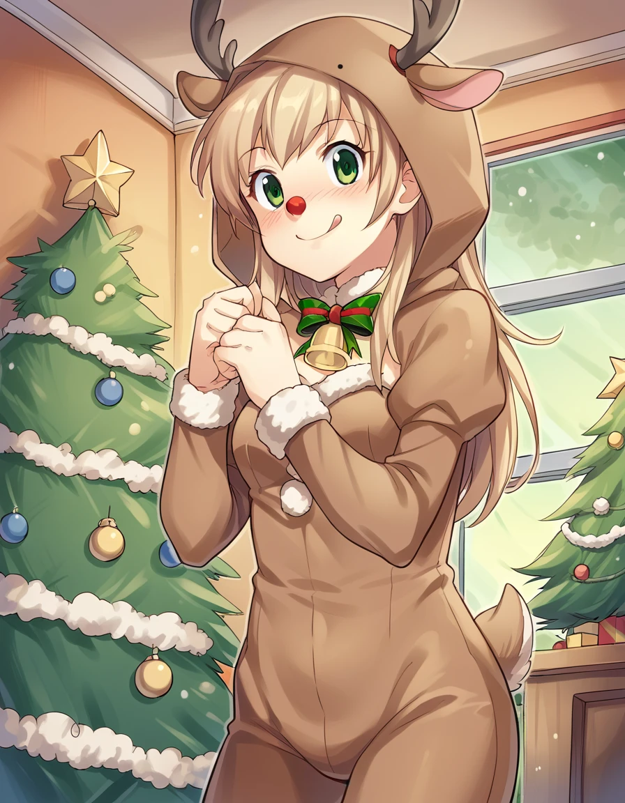 score_9, score_8_up, score_7_up, source_anime, <lora:emi-ibarazaki-ingame-ponyxl-lora-nochekaiser:1>, emi ibarazaki, long hair, brown hair, green eyes,, <lora:reindeer-costume-ponyxl-lora-nochekaiser:1>, reindeer costume, animal costume, reindeer antlers, antlers, fake antlers, reindeer hood, christmas, red nose, deer ears, deer tail, christmas tree, bell, horns, reindeer,, blush, smile, tongue out, looking at viewer,, , dutch angle, cowboy shot