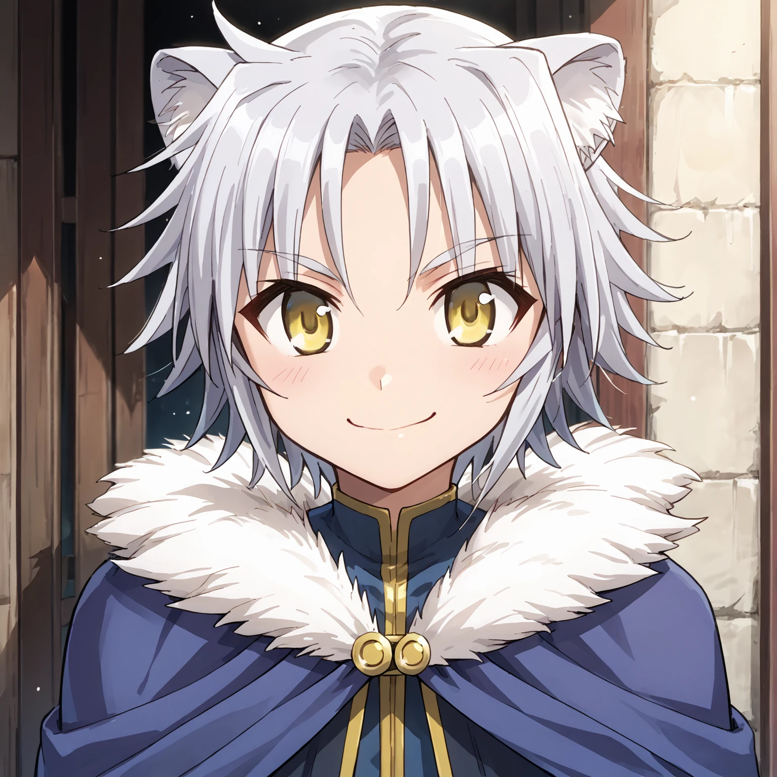 score_9, score_8_up, score_7_up, source_anime BREAK
1boy, solo, gaul, grey hair, yellow eyes, lion ears, lion tail, sleeveless shirt, cape, 
zPDXL3, <lora:gaulPony:0.8>, smile, close-up