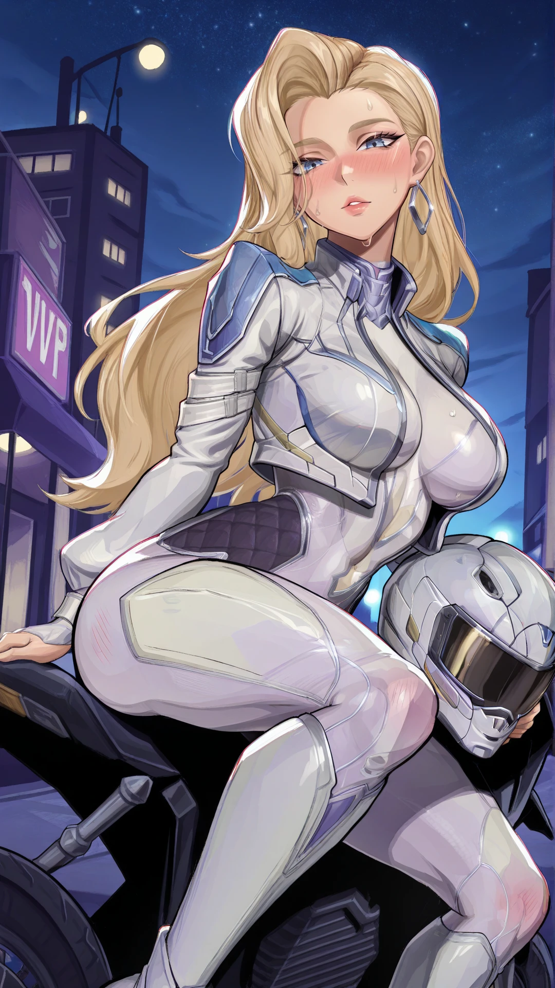 masterpiece, best quality, very aesthetic, high resolution, ultra-detailed, absurdres, newest, mature female, 
<lora:Dagger_Illu_Dwnsty:1>, dagger_mvr, blue eyes, blonde hair, long hair, hair behind ear, hoop earrings, white bodysuit, skin tight, white jacket, cropped jacket, white footwear, white gloves, bridal gauntlets, 
medium breasts, (lips), (full-face blush:1.2), (body blush:1.2),  extremely detailed eyes, looking at viewer, head tilt, dynamic pose, 
outdoors, city, night sky, starry sky, skyline, street, lantern, on motorcycle, black motorcycle, sitting, holding helmet, motorcycle helmet, dark theme, rim light, sweat,