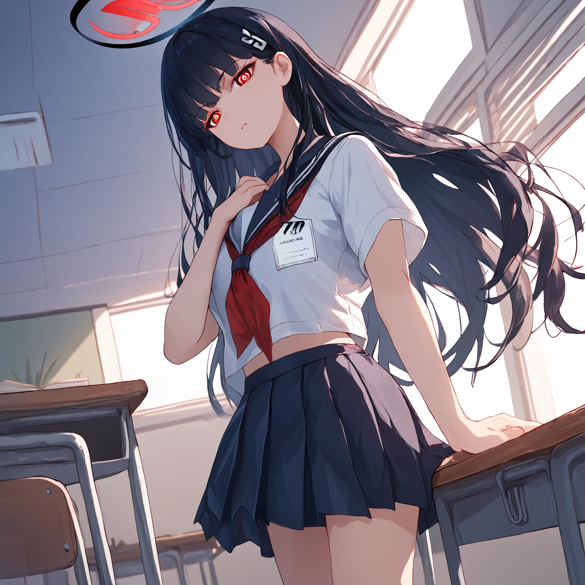 score_9, score_8_up, score_7_up, score_6_up, BREAK source_anime, look at viewer, 1girl, solo, masterpiece, best quality, high detailed skin,  rio_(blue_archive), black hair, long hair, hairpin, red eyes, white pupils, halo,  school uniform, red neckerchief, sailor collar, white shirt, pleated skirt, short sleeves, serafuku, black socks, classroom, indoors, standing,