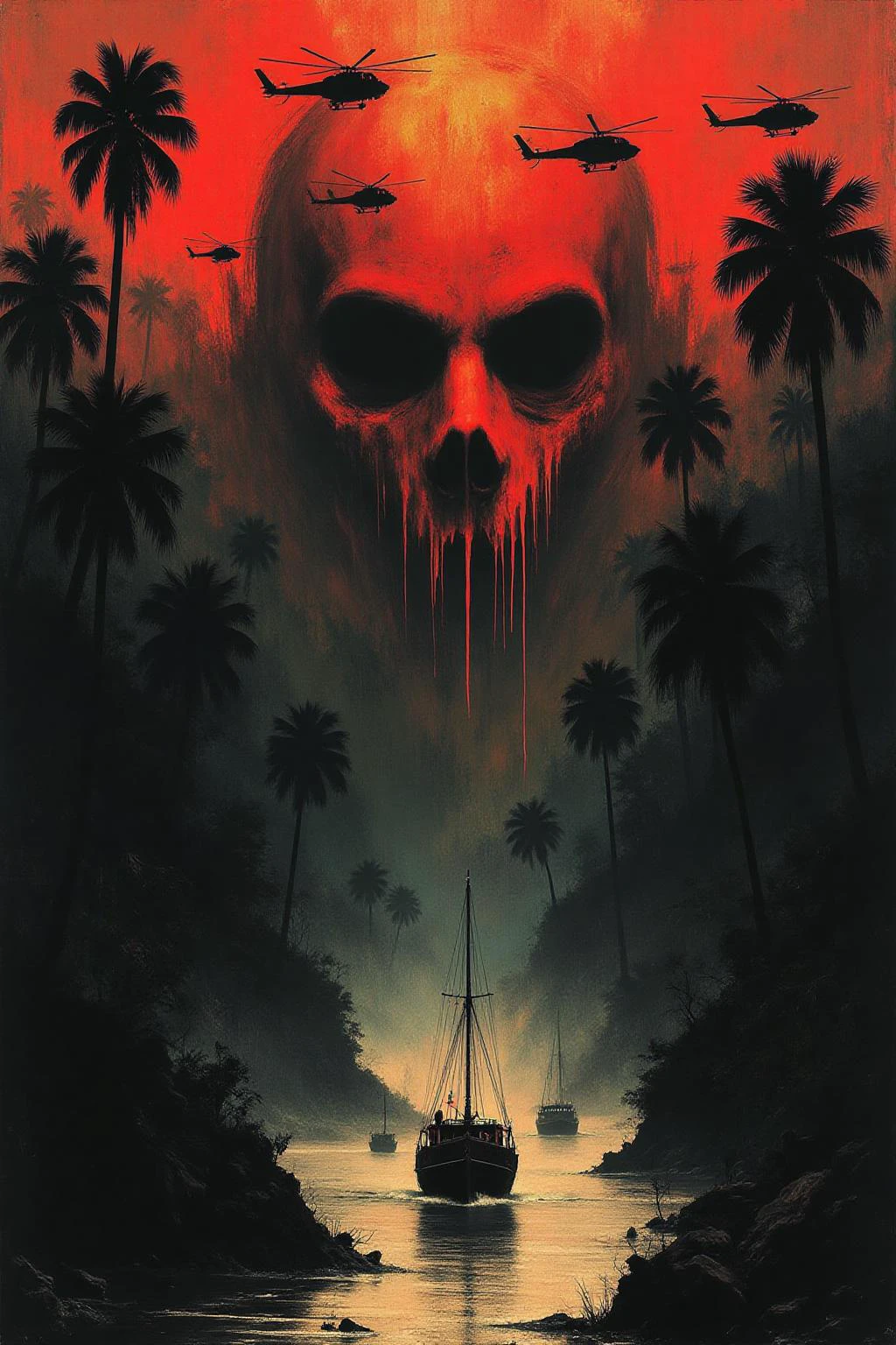 apoca1 illustration. A dramatic, surreal poster inspired by the film Apocalypse Now, featuring a large, ominous face illuminated in red and orange tones, blending into the background of a dark, eerie jungle. Helicopters fly in formation across the blood-red sky, while a riverboat sails through the misty waters below. The composition is intense and haunting, with an atmosphere of chaos and foreboding. The color palette is dominated by fiery reds, deep shadows, and golden highlights, evoking a sense of psychological tension and war's devastation  <lora:apocalypse_now1_fl_d4a2:0.8><lora:803274470795130110:0>