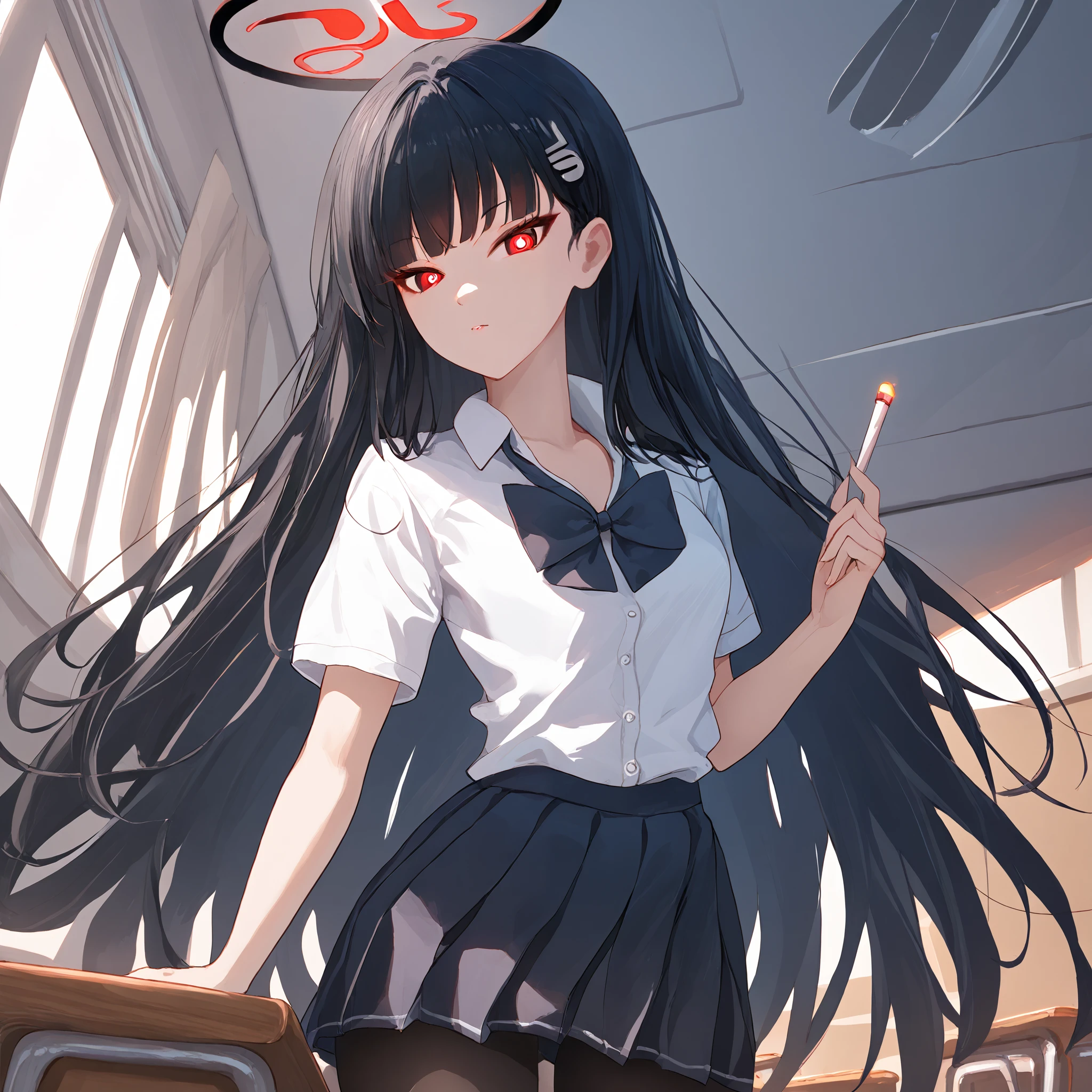 score_9, score_8_up, score_7_up, score_6_up, BREAK source_anime, look at viewer, 1girl, solo, masterpiece, best quality, high detailed skin,  rio_(blue_archive), black hair, long hair, hairpin, red eyes, white pupils, halo,  school uniform, collared shirt, white shirt, pleated skirt, black pantyhose, short sleeves, classroom, indoors, black bow,