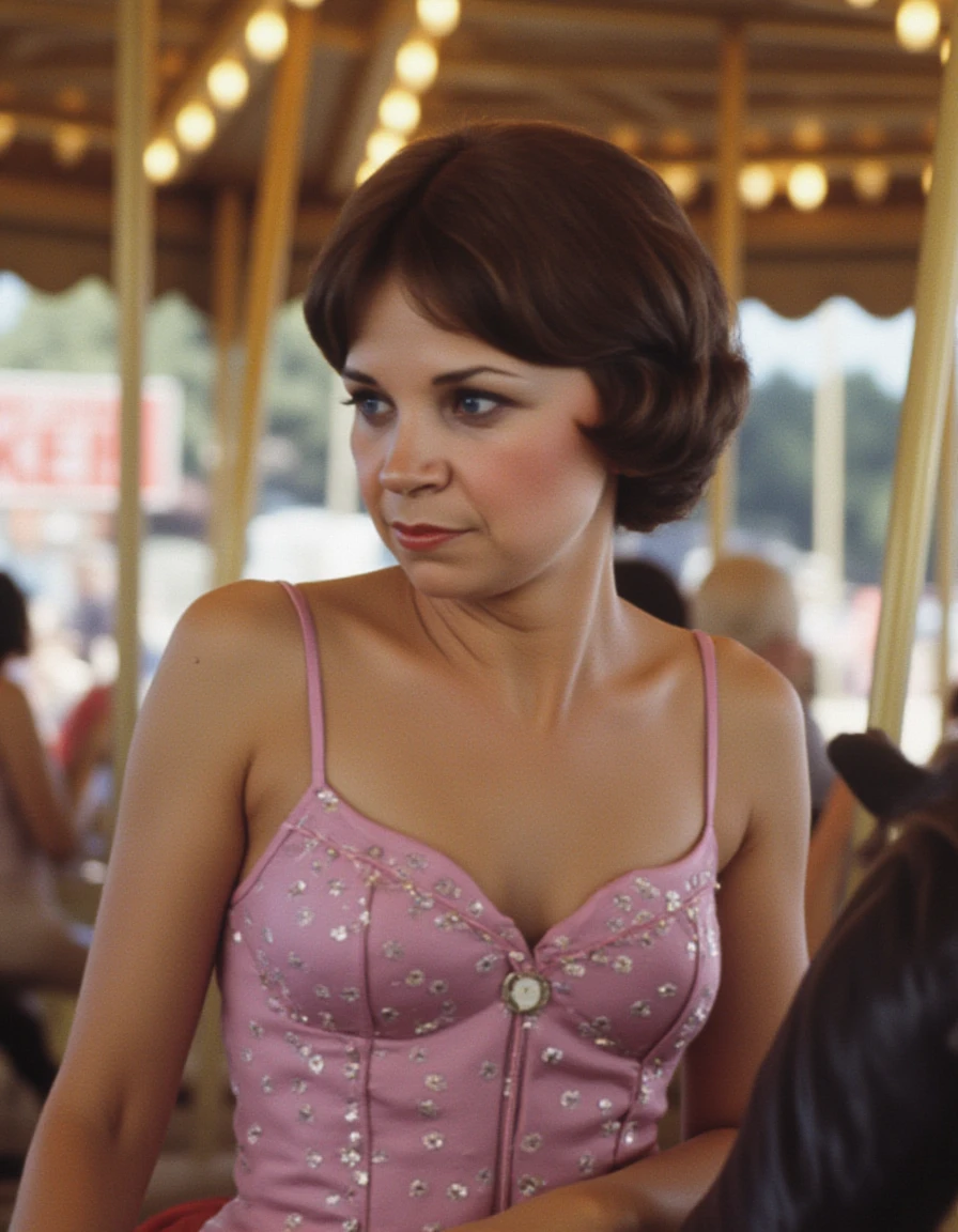 <lora:cindy-williams-flux:1.2> the, woman, her riding a carousel at the fair in a carnival outfit