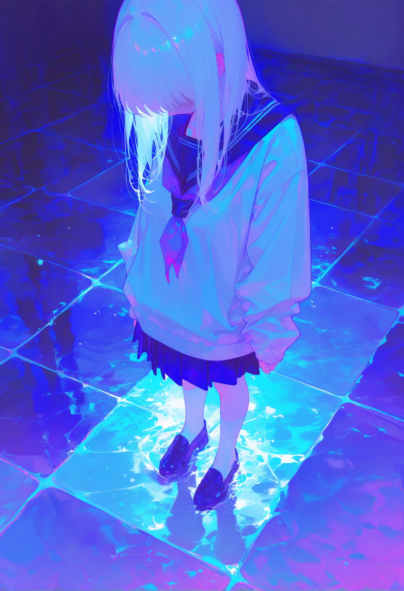 <lora:745cmSDXLvpred75S:1>, 748cmstyle, 1girl, pleated skirt, blue theme, pink neckerchief, white hair, standing, long hair, school uniform, tile floor, sailor collar, long sleeves, white socks, serafuku, purple theme, tiles, arms at sides, from above, blue skirt, limited palette, faceless, masterpiece, best quality, year 2024, newest, highres, absurdres,