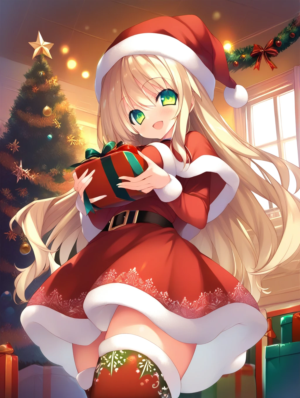 (zPDXL3),score_9,score_8,score_7_up,soure_anime,high res image,masterpiece, best quality, <lora:Kadoya Yaeka_v1:1>,1girl, green eyes, blonde hair, christmas,large breasts,santa hat,santa costume,indoors,home,smile, open mouth, long hair, solo, looking at viewer, blush, kadoya yaeka,thighhighs, holding gift, standing