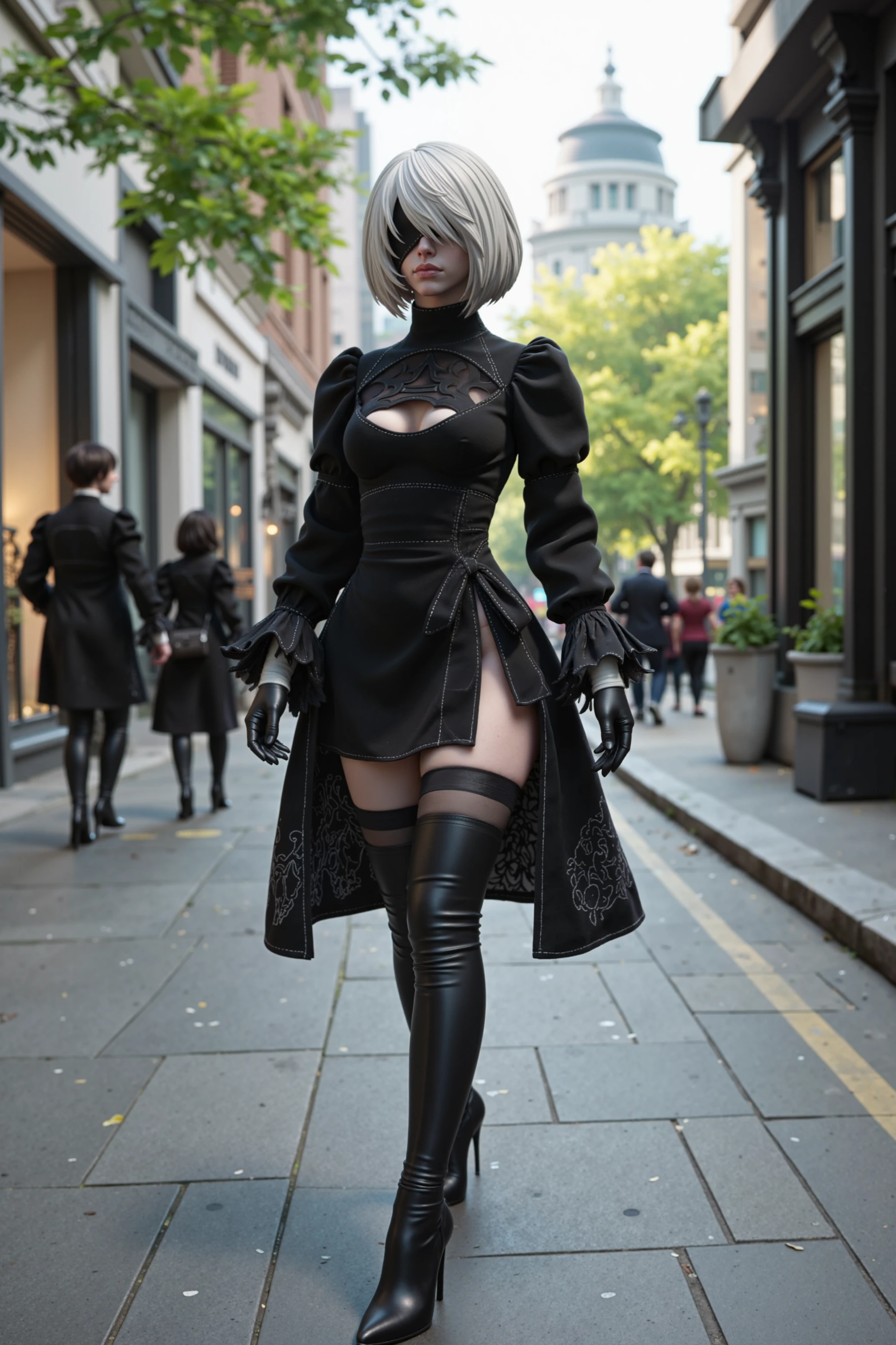 A photorealistic image of 2B walking down the streets of London as a fashion blogger.
The framing is dynamic and the lighting natural and soft., <lora:2B:1.0>