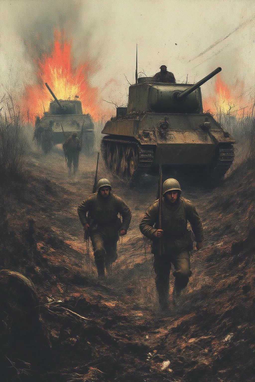 apoca1 illustration. 
A dramatic and intense World War I scene featuring a British soldier running alongside a lumbering Mark I tank amidst a chaotic battlefield. The soldier, dressed in the iconic khaki uniform, steel helmet, and carrying a rifle with a fixed bayonet, sprints through the smoky, debris-filled terrain. His face is a mix of determination and urgency as dirt and shrapnel fill the air.
The tank, with its massive caterpillar tracks and riveted armor, rolls forward, crushing barbed wire and debris under its weight. Explosions erupt all around, casting fiery bursts of orange and yellow light, contrasted by thick clouds of smoke and mud. The ground is uneven and churned up, scattered with craters and remnants of destroyed equipment.
In the background, faint silhouettes of other soldiers and additional tanks emerge through the haze, while streaks of artillery fire trace the sky. The atmosphere is gritty and visceral, capturing the chaos and bravery of the battlefield during World War I
 <lora:apocalypse_now1_fl_d4a2:1.0><lora:802371930662494354:0>