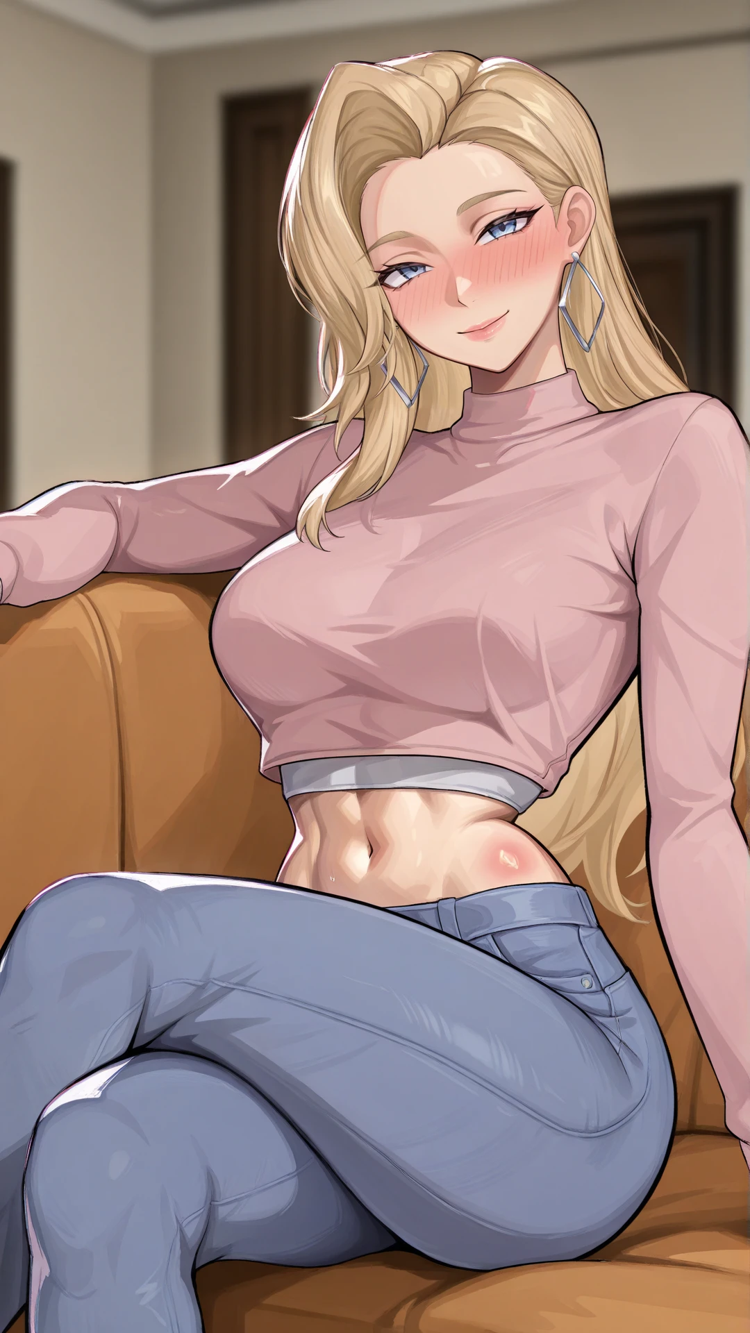 masterpiece, best quality, very aesthetic, high resolution, ultra-detailed, absurdres, newest, mature female, 
<lora:Dagger_Illu_Dwnsty:0.8>, dagger_mvr, blue eyes, blonde hair, long hair, hair behind ear, hoop earrings, pink shirt, long sleeves, midriff, navel, jeans, denim, casual, 
medium breasts, (lips), (full-face blush:1.2), (body blush:1.2),  extremely detailed eyes, looking at viewer, smile, 
indoors, living room, couch, sitting, on couch, crossed legs, arm rest,