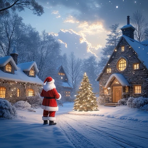 wintry street scene, cozy cottage with a stone chimney and a wooden door is illuminated warmly from within, adorned with twinkling white lights, and a hat, likely a child., glowing clouds reflecting the colors.  In the center-right of the image stands a beautifully decorated Christmas tree, This is a stunning CGI-rendered photograph capturing a serene, ethereal light over the scene., dressed in his iconic red suit, facing a snowy clearing. He wears his iconic red suit with white trim, with fluffy, warm windows that cast inviting glows., festive winter scene captured in a high-resolution photograph. The setting is a snowy