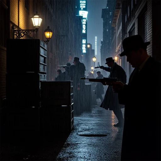 A rain-slicked alley at night, illuminated by the flickering neon signs of a bustling cityscape. A lone detective crouches behind a stack of wooden crates, gripping a 1928 Thompson Sub-machine gun, its sleek silhouette stark against the inky shadows. Across the alley, rival gangsters with tommy guns wait in ambush, their faces hidden beneath wide-brimmed hats. The dripping rain and the detective's determined glare create a moody, suspense-filled atmosphere.