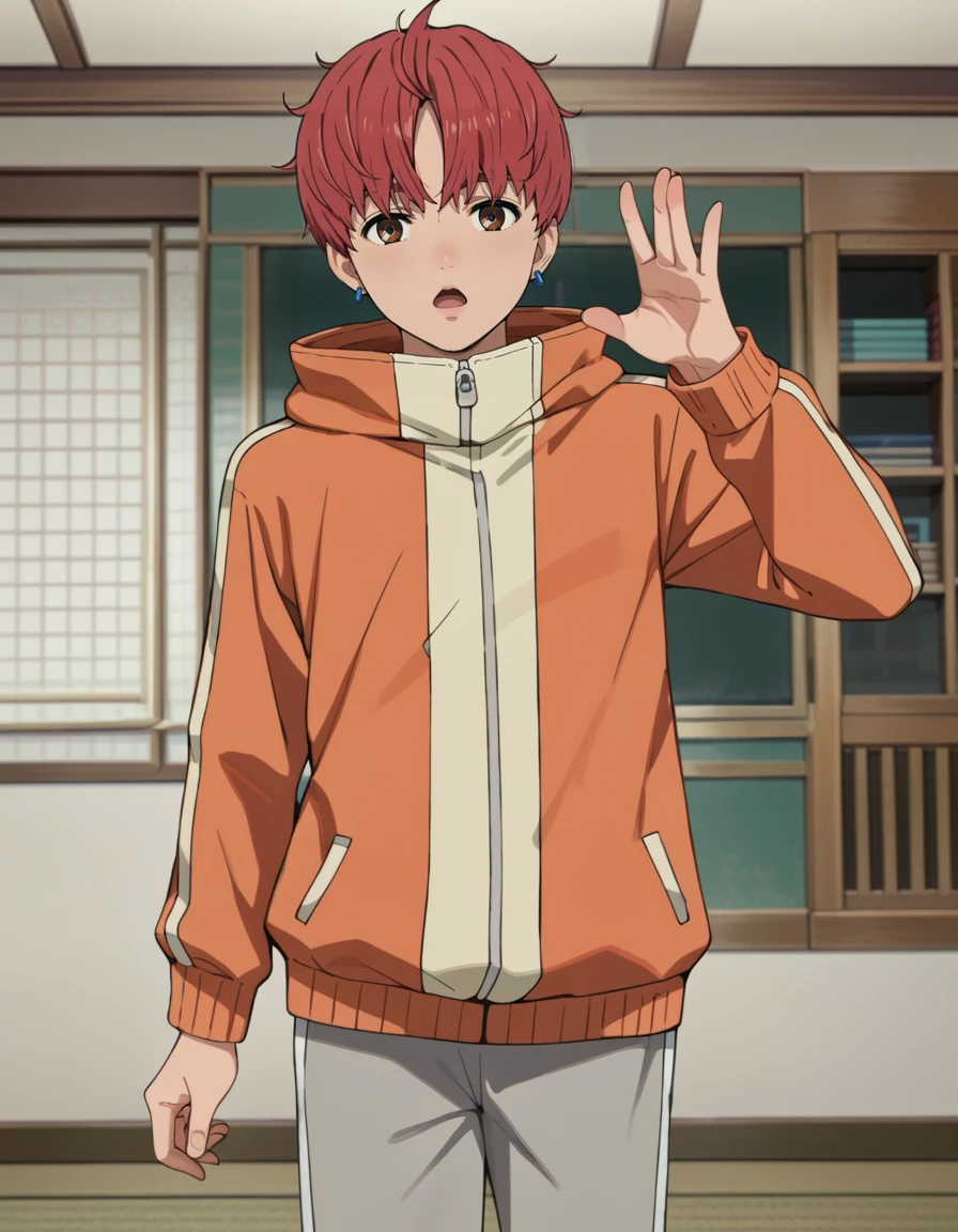 score_9, score_8_up, score_7_up, source_anime, high res image, masterpiece, best quality, BREAK
1boy, solo, indoors, looking at viewer, blurry background, random pose,
jin enjoji (dandadan s1), short hair, red hair, brown eyes, earrings,
orange tracksuit, high collar, long sleeves, gray trackpants,
<lora:jin_enjoji-dandadan_s1_v2-anime-soralz:1>