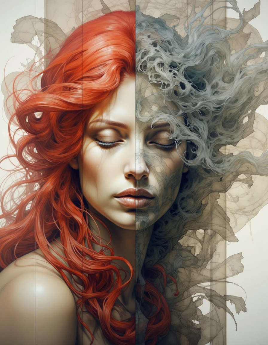 Portrait by Dorota Pietrowiak. This is a highly detailed, surreal digital painting featuring a woman's face with striking, ethereal qualities. The artwork is a digital illustration with a blend of realistic and fantastical elements. The woman's face is the central focus, with vibrant, flowing red hair cascading down her shoulders. Her eyes are closed, and her face is serene, with a subtle, almost ethereal glow. The hair transitions into an intricate, swirling pattern that blends seamlessly with the background. <lora:Dorota_Pietrowiak:1>