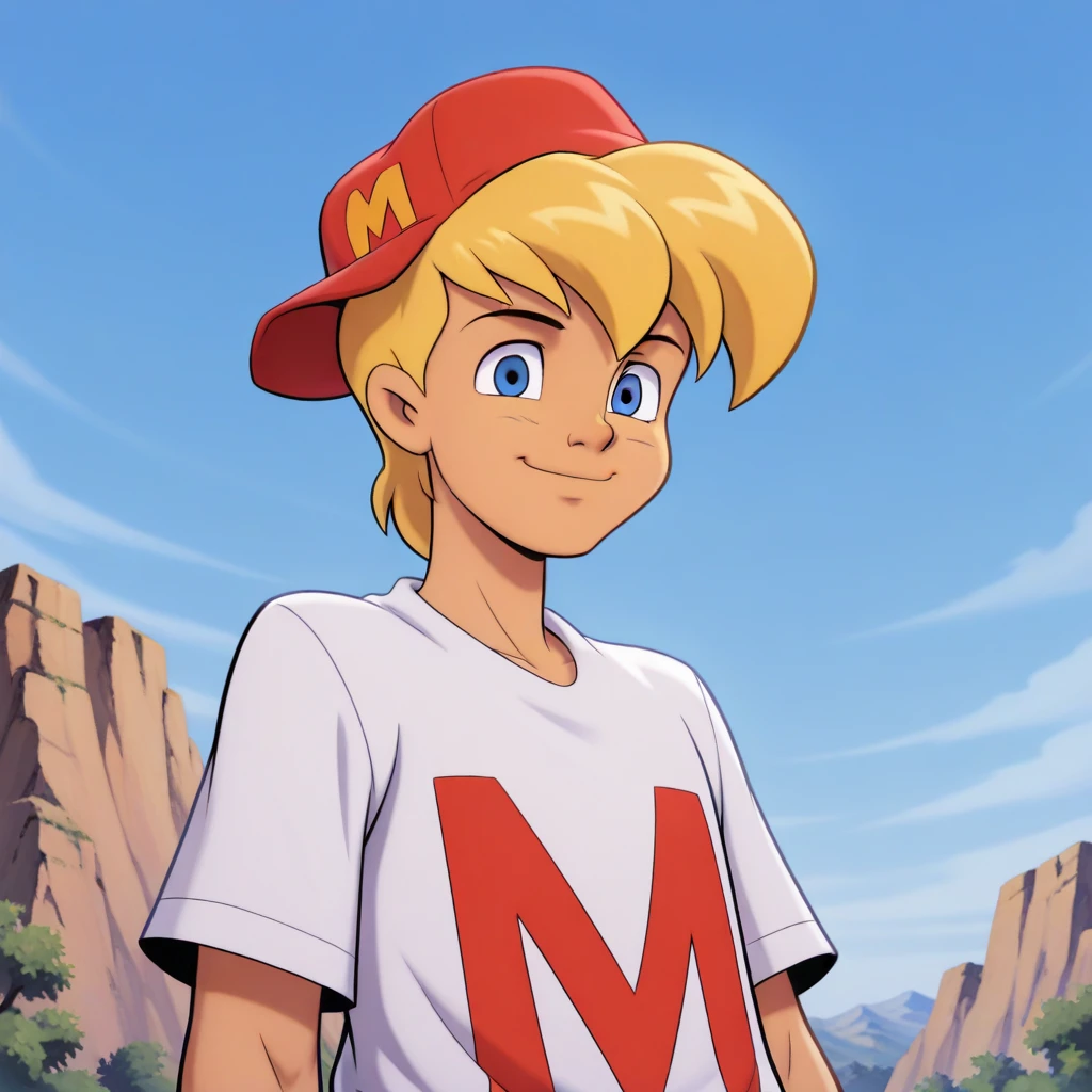 masterpiece, best quality, MightyMax, 1boy, solo, blonde hair, blue eyes, red hat, shirt, upper body,  <lora:MAX_MightyMax_illustrious_Leaf3:1>,  outdoors, blue sky, smile, 2000s \(style\),