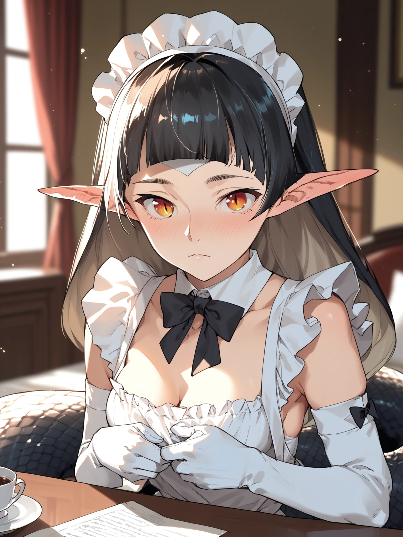 <lora:happy_tentacle-mizosara-v0.4-000011:1>, ht_mizosara, lamia, medium breasts, slit pupils , blush, indoors, furniture, maid, apron, white gloves, elbow gloves upper body, 1girl, (petite:1.2), solo focus, (looking at viewer:1.1), sidelighting, (depth of field:0.8), , [(realistic, photorealistic:1.2):(realistic:1.3):24], [(3d:1.2)::10], <lora:LUUNA's Lunas-NijiJourney-SDXL-B2:0.5>, nijijourney, <lora:prgfrg23's Counterfeit-V3.0 Style SDXL_LoRA_Pony Diffusion V6 XL:0.3> <lora:Shed_The_Skin's StS_age_slider_v1_initial_release:-1.2>, score_9, score_8_up, score_7_up, score_6_up, score_5_up, score_4_up