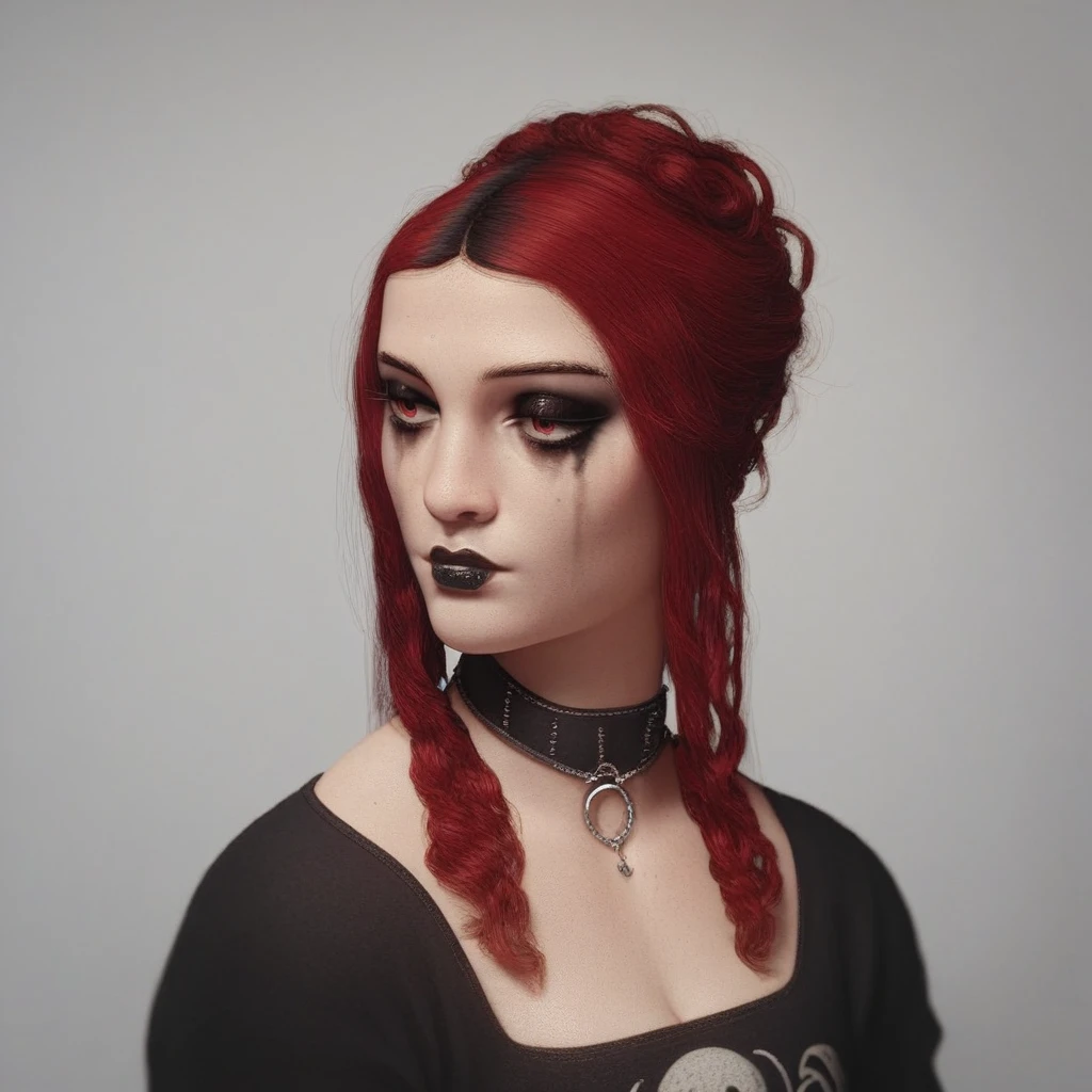 score_9, score_8_up, score_7_up, <lora:Leonardodavincioilpainting:1> portrait, beautiful, 1 girl, goth girl, red hair, goth makeup,