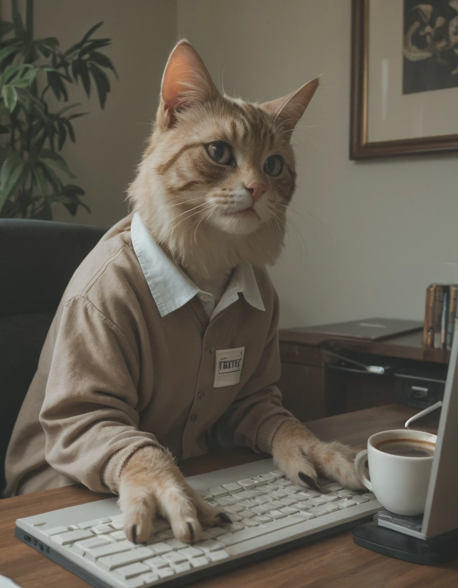 score_9, score_8_up, score_7_up, score_6_up, A cat with a dramatic expression, sitting on top of a keyboard, clearly "typing" with its paw while a coffee cup spills nearby.