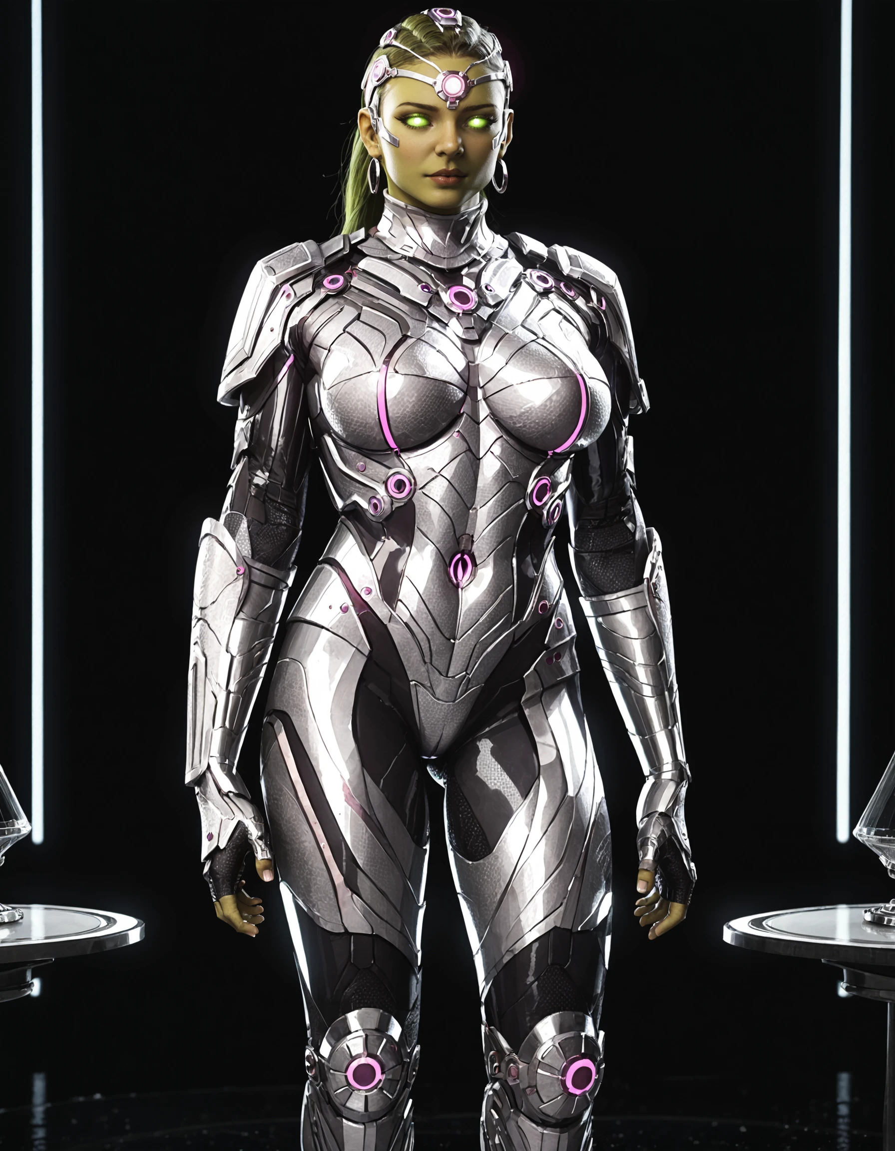 breathtaking PonyXLV6_Scores, NEGATIVE_HANDS, fixl-art ,detailed, <lora:Brainiac (2):1>bodysuit, glowing eyes, 1girl, armor, realistic, straight-on, colored skin, glowing, simple background, green skin, neon trim, brainiac, large breasts . award-winning, professional, highly detailed