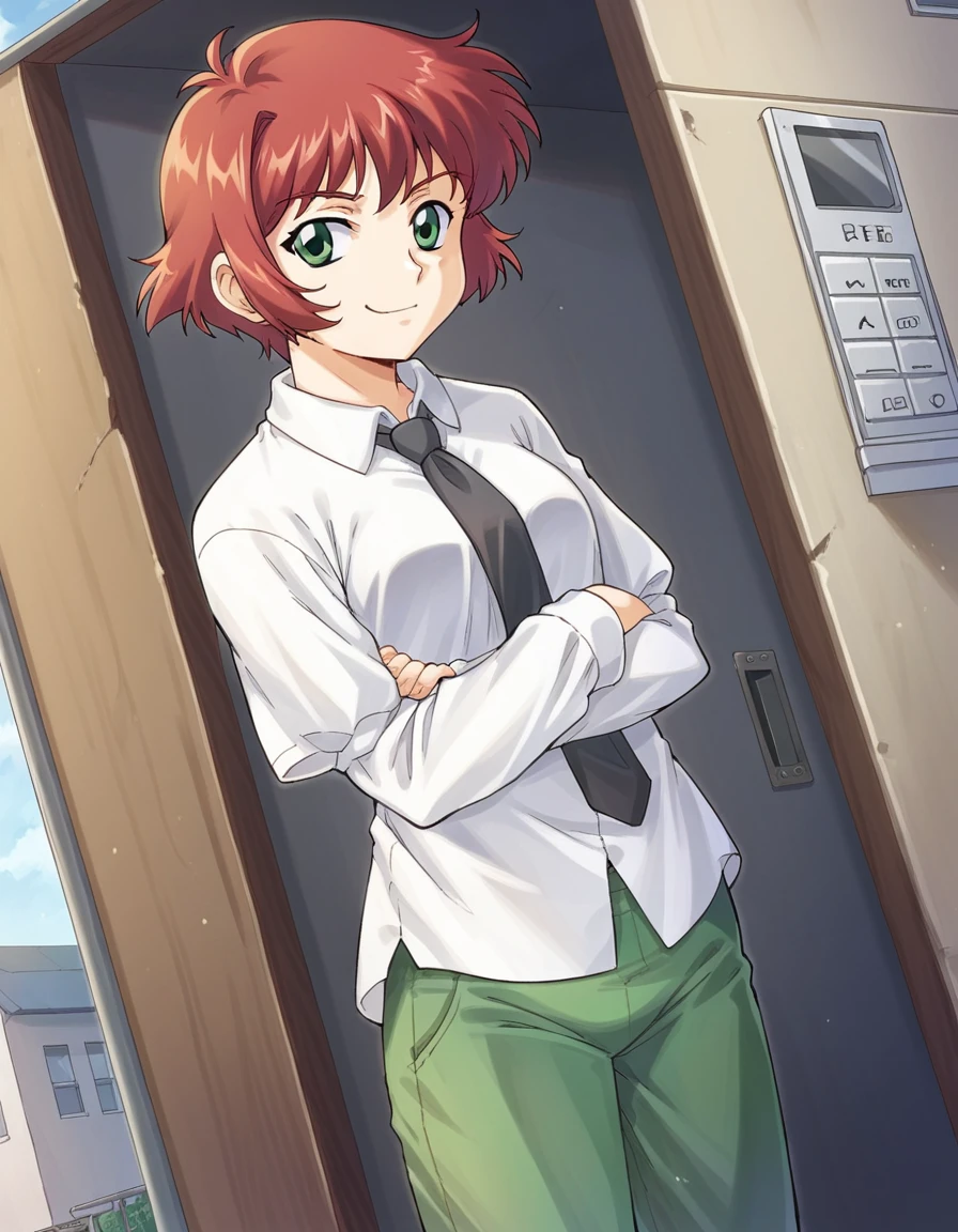 score_9, score_8_up, score_7_up, source_anime, <lora:rin-tezuka-ingame-ponyxl-lora-nochekaiser:1>, rin tezuka, short hair, green eyes, red hair, amputee,, shirt, long sleeves, school uniform, white shirt, necktie, collared shirt, pants, green pants,, phone booth, glass, phone, street, retro, , crossed arms, smug, looking at viewer, solo,, dutch angle, cowboy shot