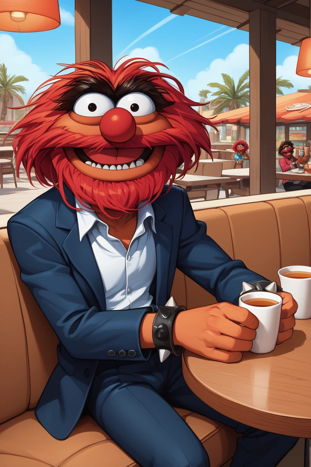 score_9, score_8_up, score_7_up, masterpiece, high quality, BREAK
 <lora:The AnimalPonyLora:1> theanimal, red hair, spiky teeth, bushy eyebrows, red full beard, suit, collared shirt, collar with spikes,, pants, wristband with spikes, sitting in a cafe, holding a cup of tea, smile