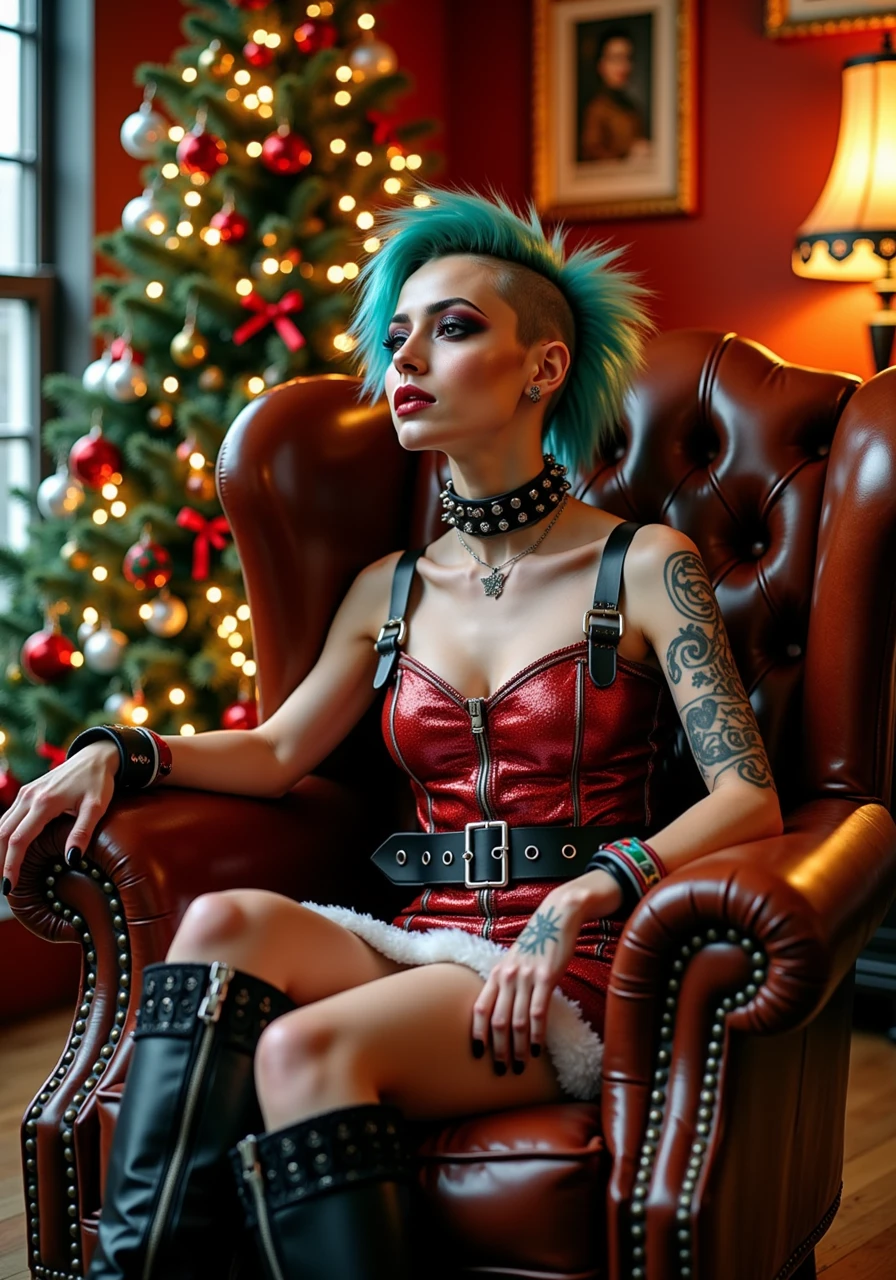 Punk woman wearing a christmas-punk dress sitting relaxed in an old leather armchair, exuding punk rebellion and festive Christmas energy. Behind her is a decorated christmas tree in a room with cosy lighting. <lora:christmas_punk_flux_v1:1.05>