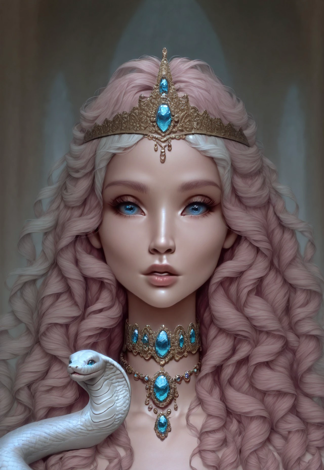 absurdres, masterpiece, best quality, Vdiff1_dskfll,  1girl, solo, jewelry, portrait, snake, looking at viewer, parted lips, necklace, long hair, wavy hair, gem, blue eyes, tiara, pink hair, blurry, lips, white hair, bangs
