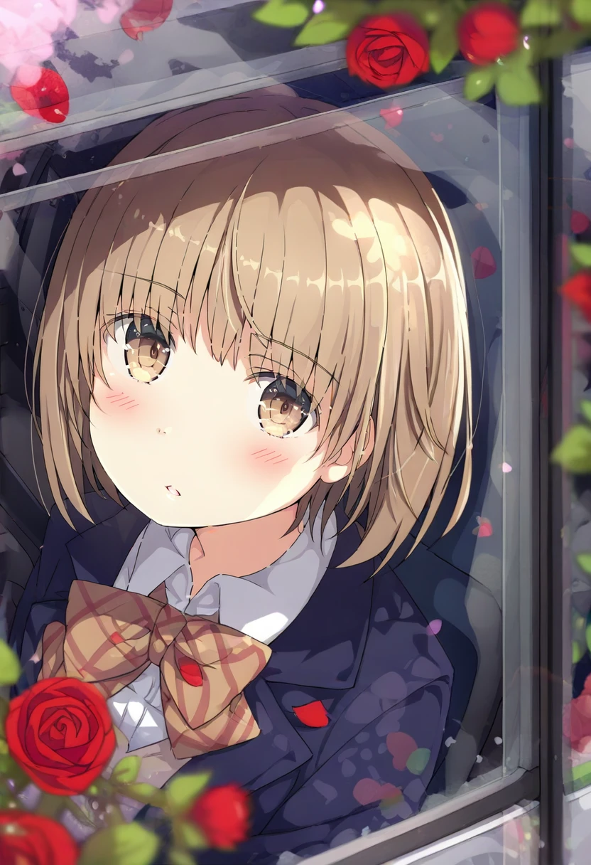 1girl, flower, solo, blush, looking at viewer, bangs, shirt, red flower, school uniform, collared shirt, transparent, white shirt, bow, ground vehicle, blurry, blurry foreground, jacket, petals, parted lips, rose, brown eyes, from outside, brown hair, blazer, short hair, depth of field <lora:ogipoteXL_il_lokr_V5311P:0.95>