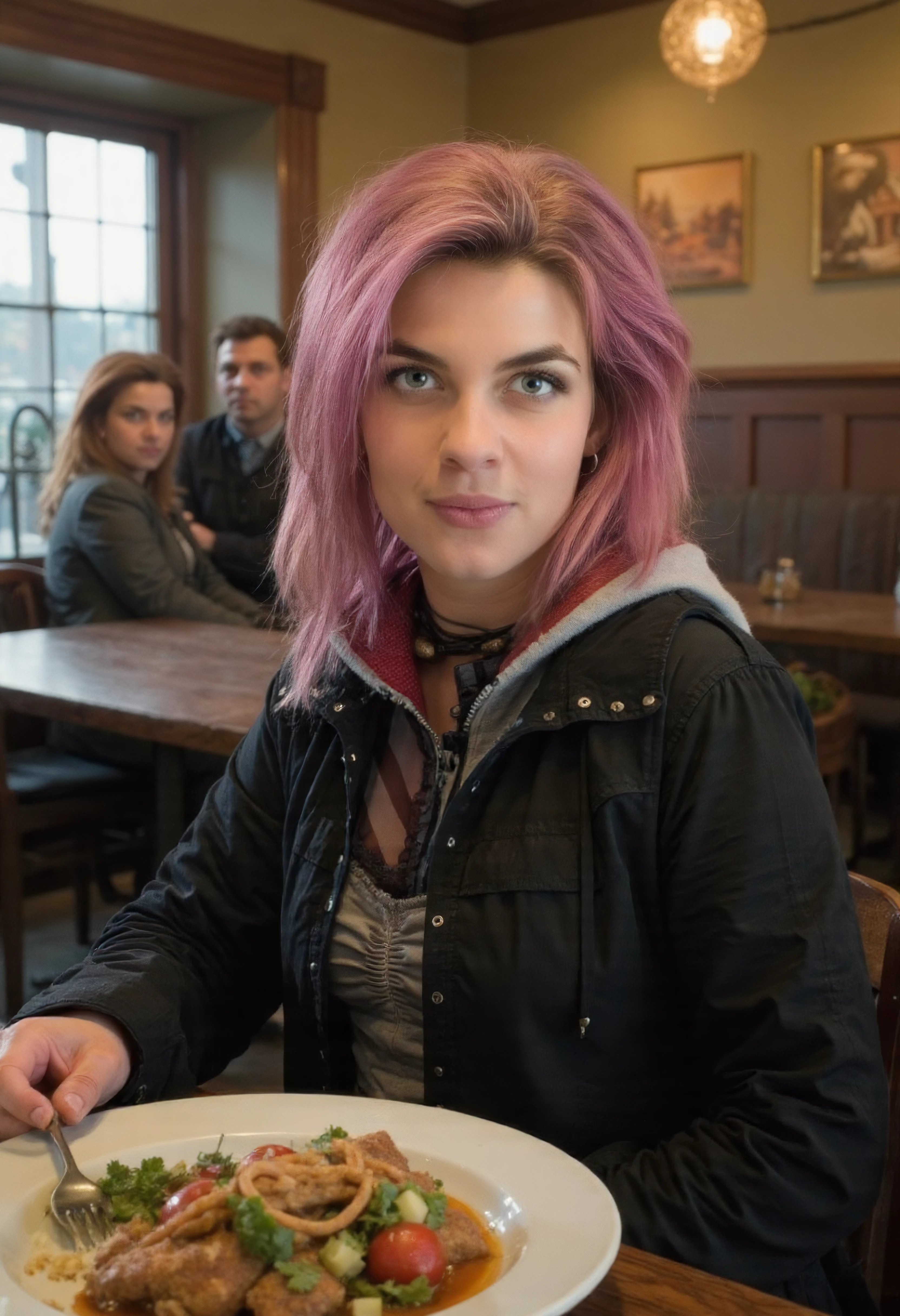 The image is a portrait of Nymphadora woman posing for a photo ,She has medium pink hair,She is wearing a black jacket.She is indoors in restaurant.In the table there is  good looking food. Upper body photo. She is looking at viewer. Amateur photography.She has a smile on his face. 