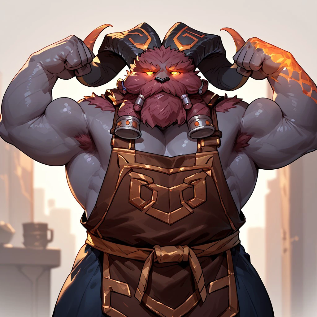 score_9, score_8_up, score_7_up, score_6_up, Ornn, bara, glowing eyes, flexing, apron 