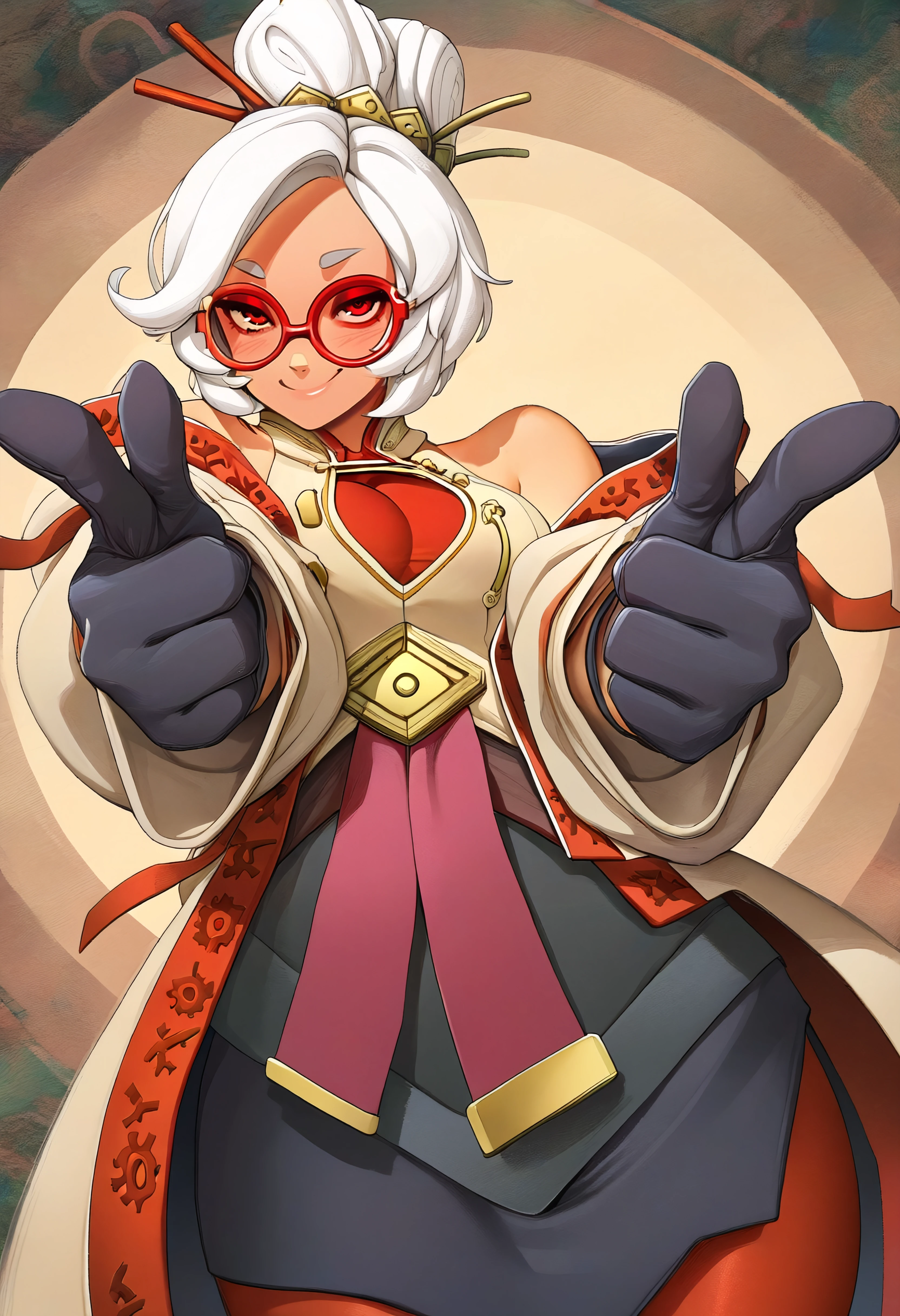 masterpiece, best quality, very aesthetic, abstract background,1girl,(purah:0.3),white hair,hair bun,red-framed glasses,coat,shirt,off shoulder,black skirt,red leggings,gloves,sash,looking at viewer ,foreshortening,outstretched arms,smile,finger guns <lora:azyas_n11:1>