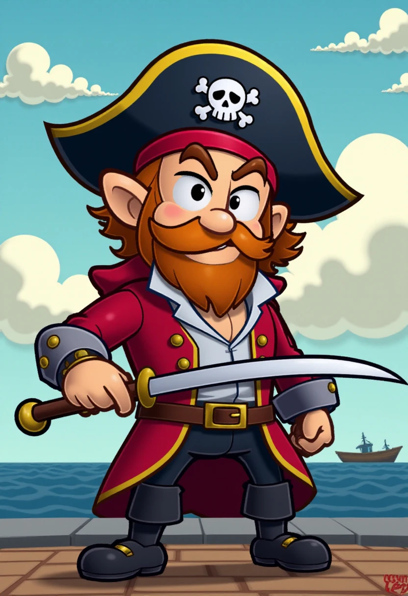 <lora:Paper_Mario_TTYD_Style_FLUX-Caption:1.1>
The image is a digital drawing in a cartoon pmttyd style, depicting  a pirate captain wielding a cutlass