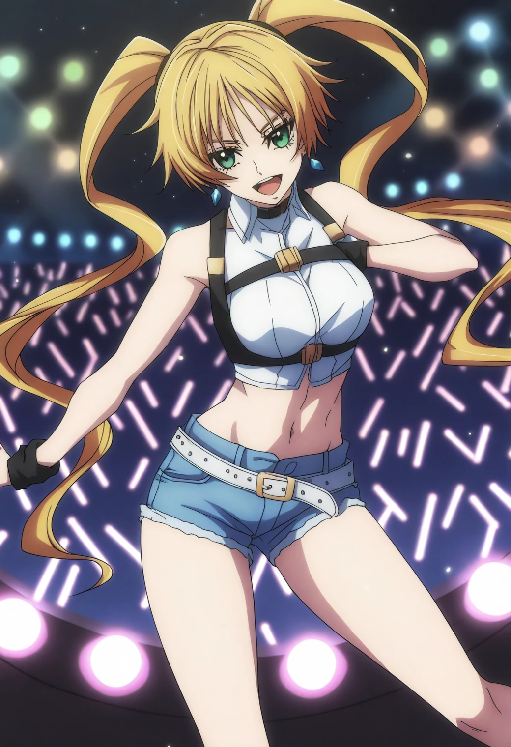 <lora:Angelica Diarmuit - [Shinmai Ossan Boukensha] - illustriousXL v1:1>, sysdeep_angelica, solo, twintails, Outdoor concert, crop top, denim shorts, dancing carefree