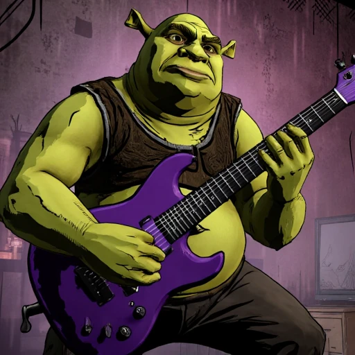 Digital ilustration in style of wolfAMONGUS1style of Shrek playing on a eletrctic guitar