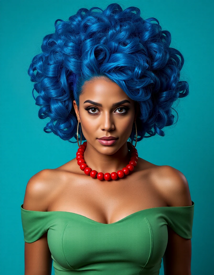 strikingly beautiful woman with an elaborate, sky-high curly blue hairdo. She has an intense and captivating gaze, with large, expressive eyes. She is wearing a form-fitting, off-the-shoulder green dress that accentuates her figure. Around her neck, she wears a bold,red bead necklace. The background is a solid teal, which highlights her unique appearance and adds to the vibrant, almost surreal atmosphere of the image