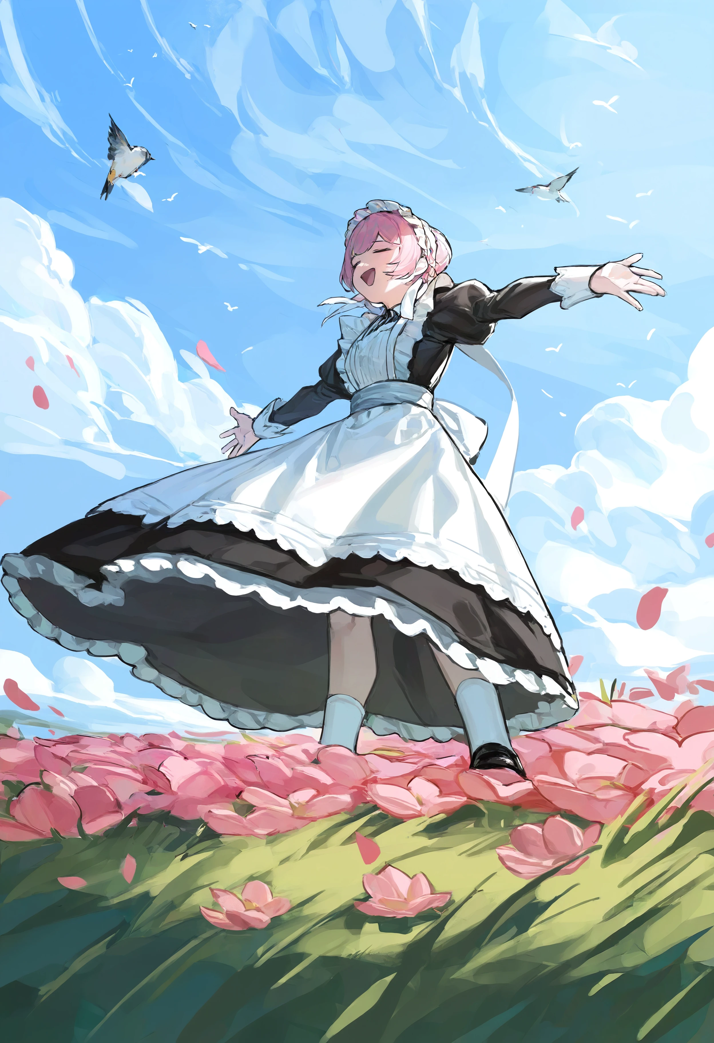 masterpiece, highres, absurdres, newest, very awa, dappled sunlight, shade, outdoors,  1girl, solo, pink hair, maid, maid headdress, white apron, frilled dress, juliet sleeves, white socks, black footwear,   smile, :D, closed eyes, spread arms, spread legs, close up, from below, from side,   grass, bird, flower, flower bed, sky, cloud,  <lora:spo_sdxl_10ep_4k-data_lora_webui>,  <lora:NOOB_EPSv1_1_detailer_by_vlnvk_v1_0:0.5>, <lora:illustrious_noobai_epsilon_pred_1_best_quality_v1:0.8>, <lora:walkingboring:0.8>